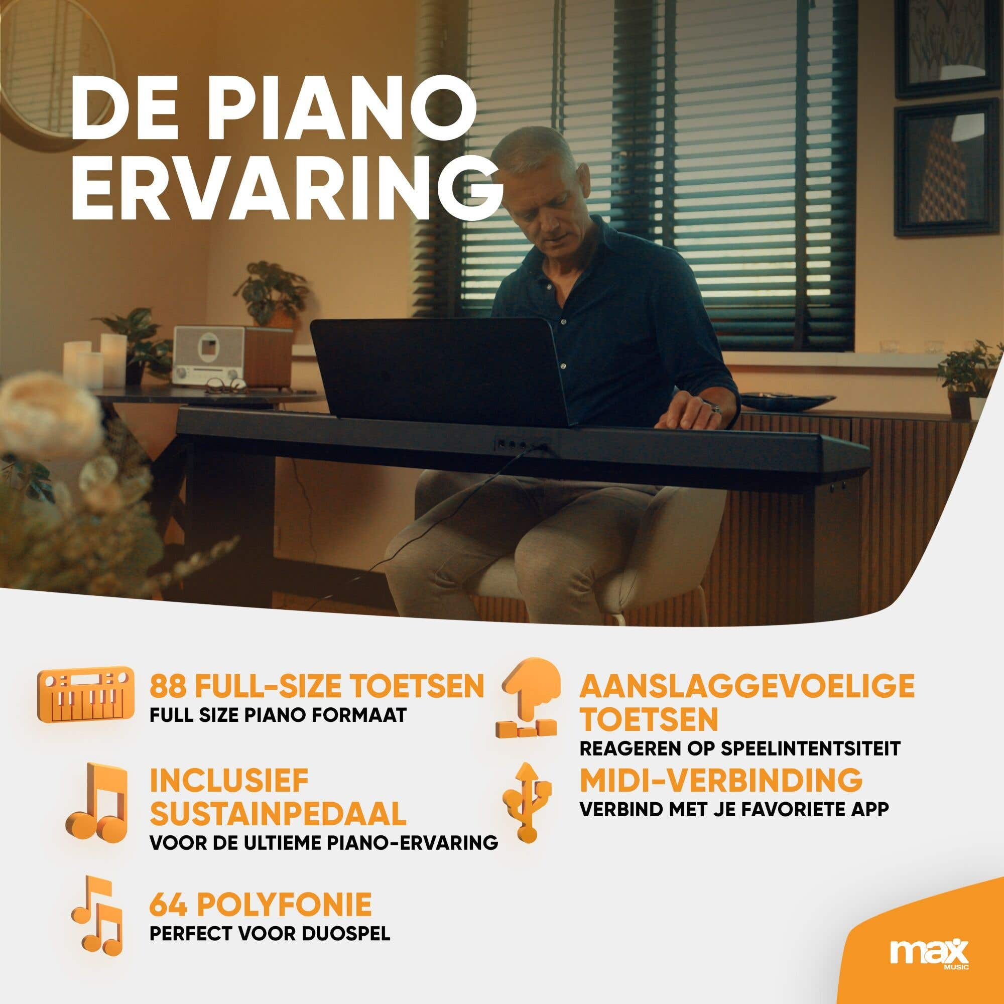 Man die een zwarte digitale piano bespeelt met tekst over pianofuncties en voordelen.