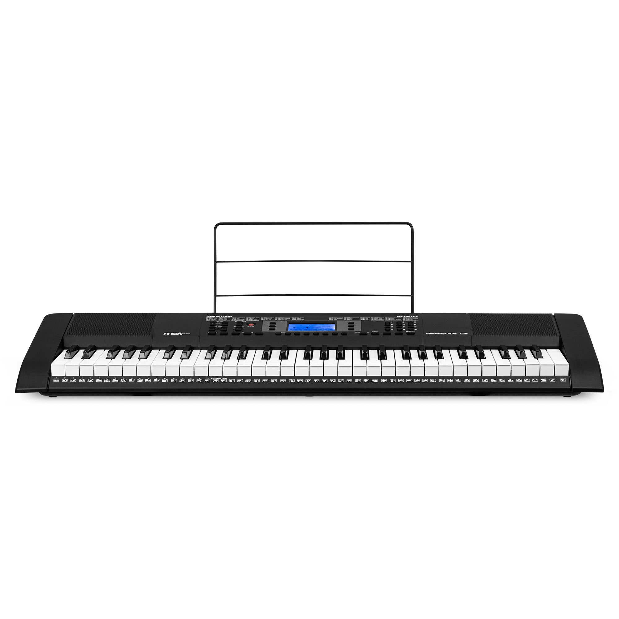 Zwarte digitale piano met een muziekstandaard en een blauw scherm, op een witte achtergrond.