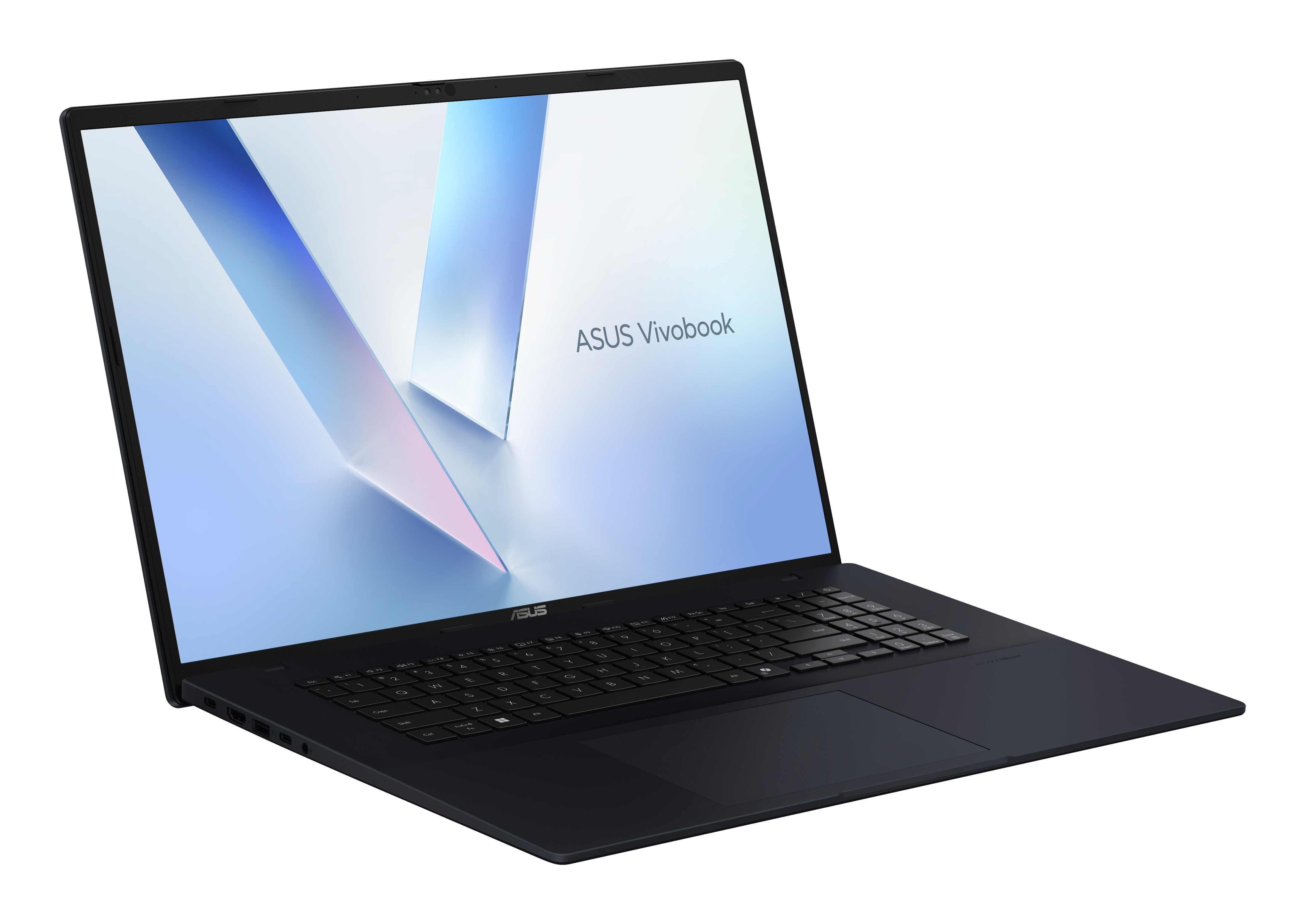 Asus Vivobook Laptop, dunkelblau, offen, schräge Ansicht, Tastatur sichtbar, Markenname auf dem Bildschirm.