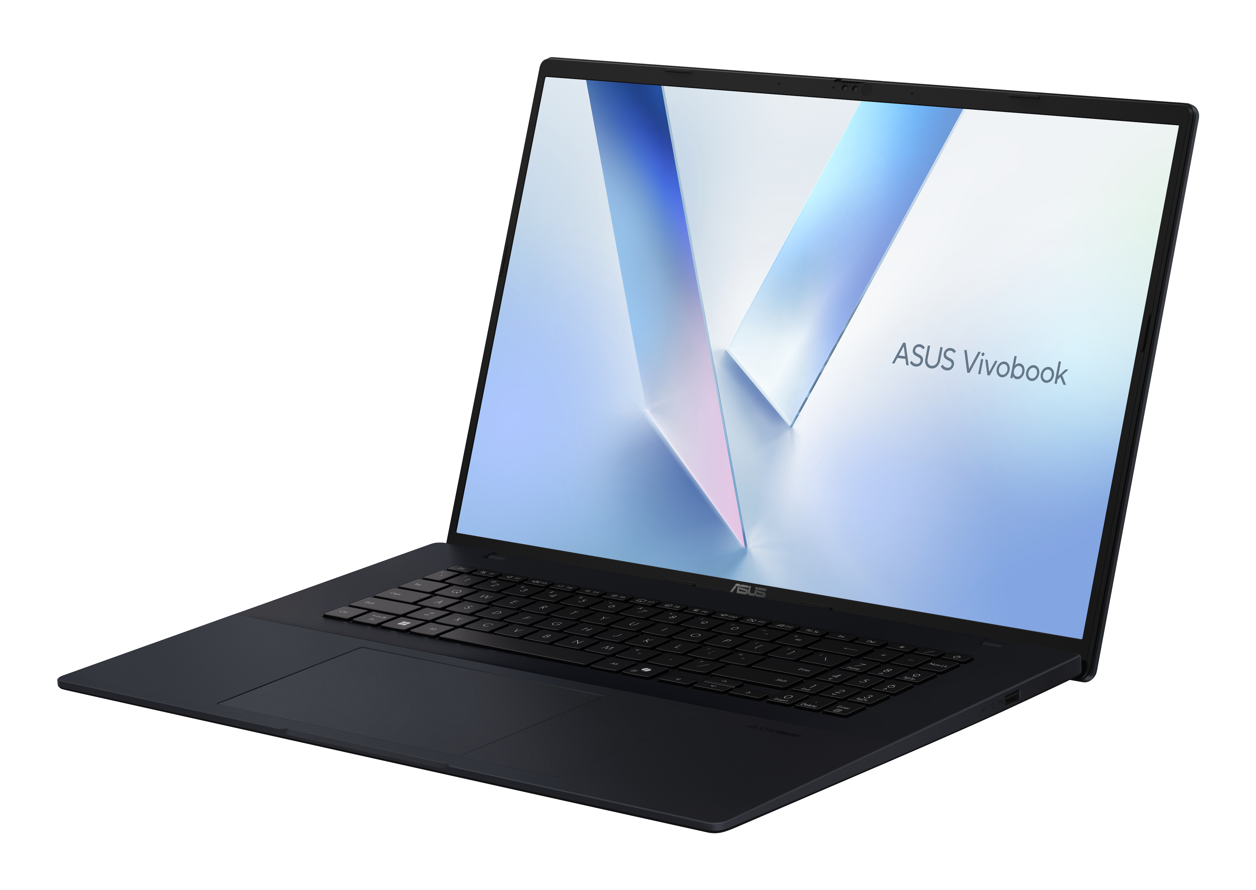 Asus Vivobook Laptop, dunkelblau, offen, schräge Ansicht, Tastatur und Bildschirm zeigend.