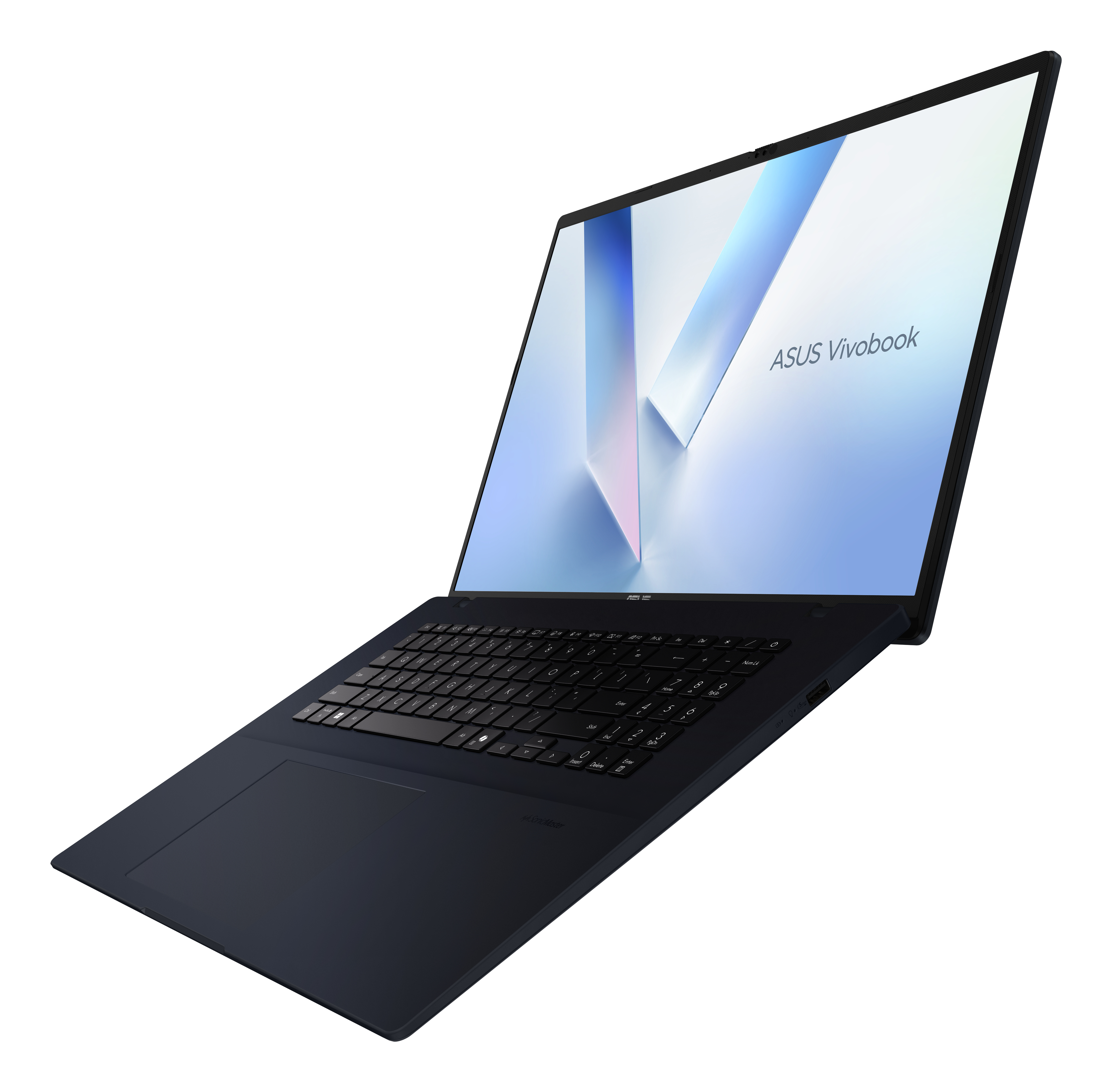 Asus Vivobook Laptop, dunkelblau, offen, schräge Ansicht, Tastatur zeigend, Bildschirm hochgeklappt.