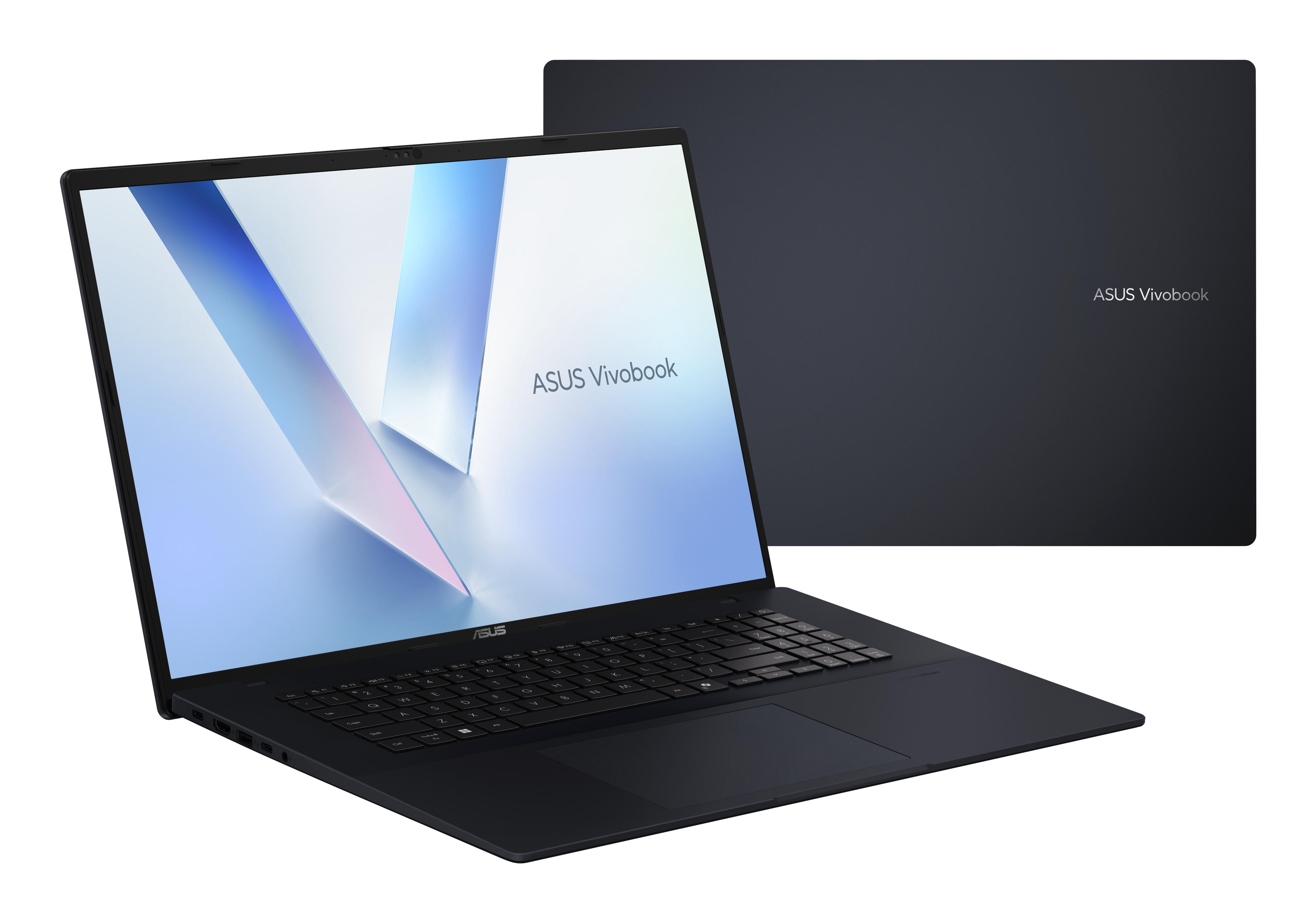 Schwarzer ASUS Vivobook-Laptop, geöffnet und geschlossen. Der offene Laptop hat eine Tastatur und einen Bildschirm.