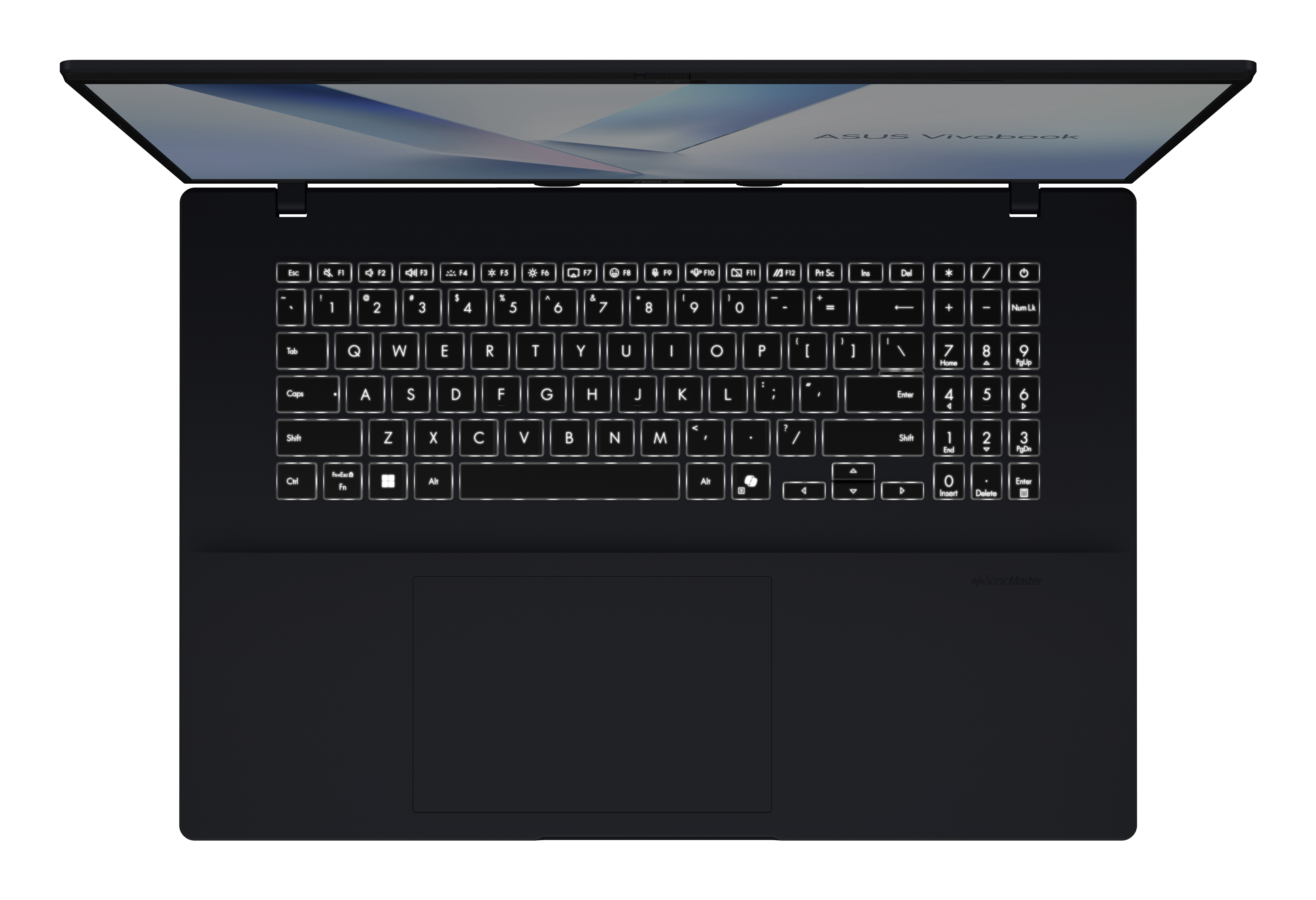 Schwarzer ASUS Vivobook-Laptop, Draufsicht. Die Tastatur ist beleuchtet. Der Bildschirm zeigt ein weißes und blaues Muster.