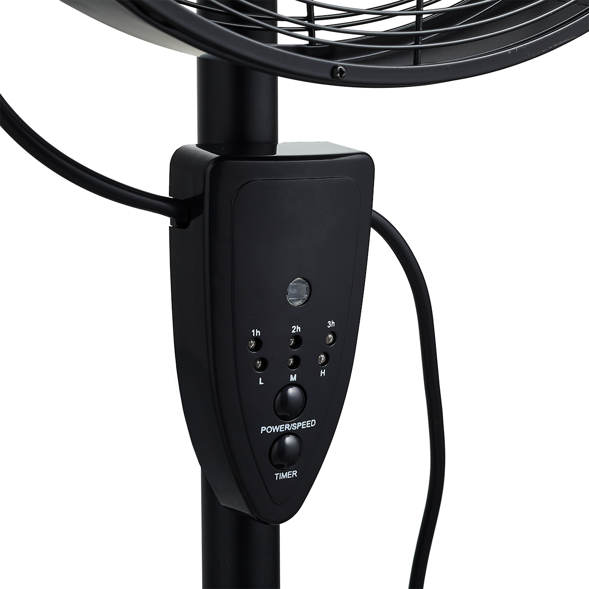 Close up of the power/speed and timer controls on the stand fan. Black with buttons and lights.
