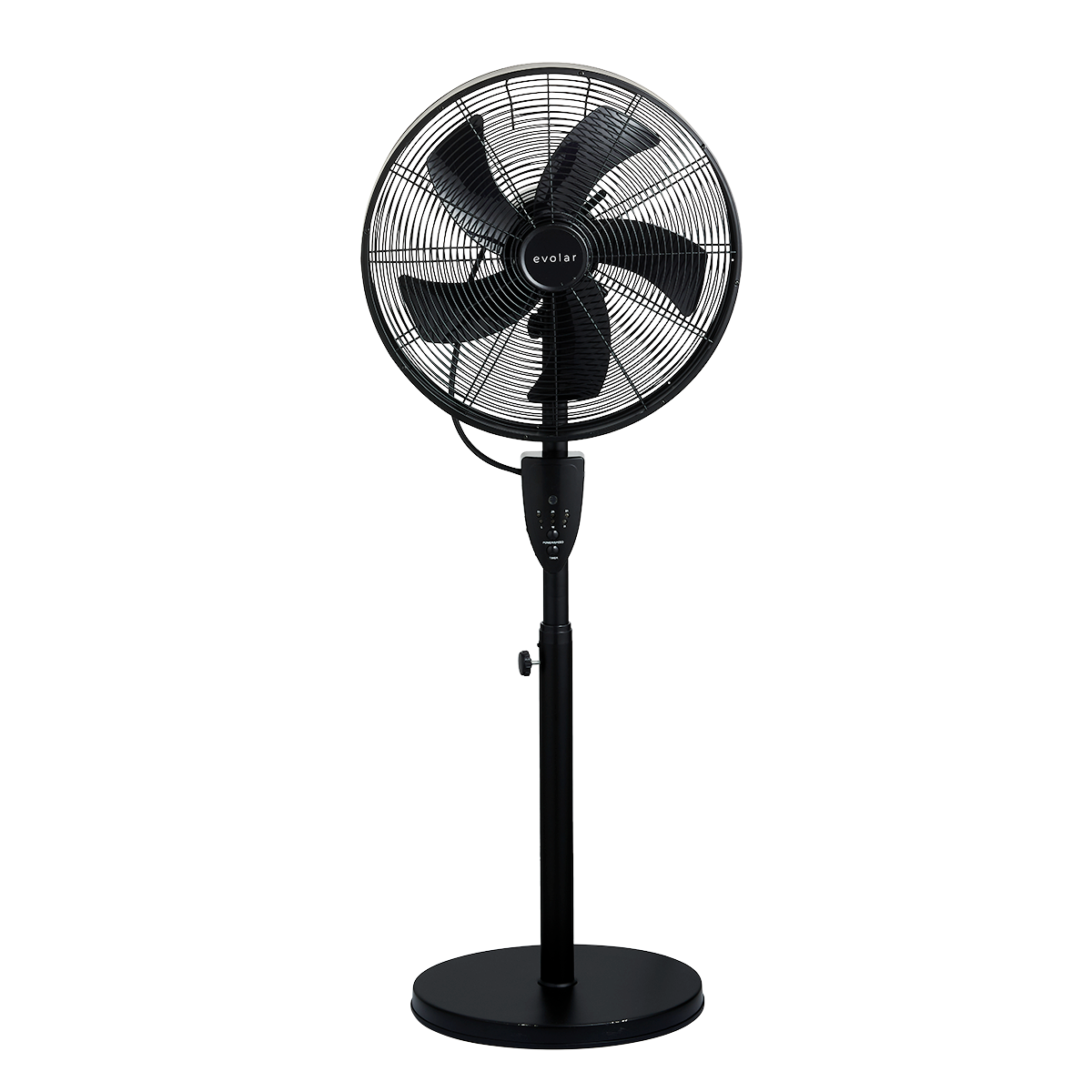 Black stand fan on a black background. The blades are visible, along with the evolar logo.