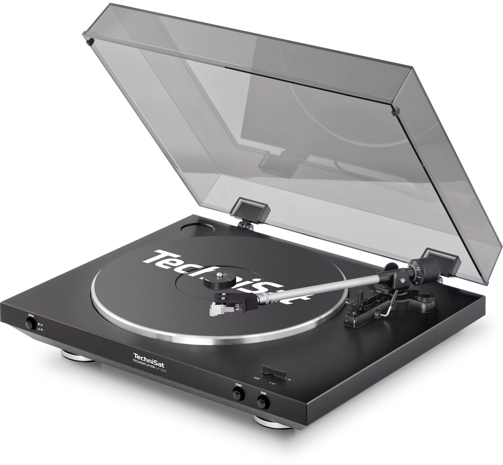 Giradischi nero con coperchio trasparente aperto. Il marchio TechniSat è scritto sul vinile.