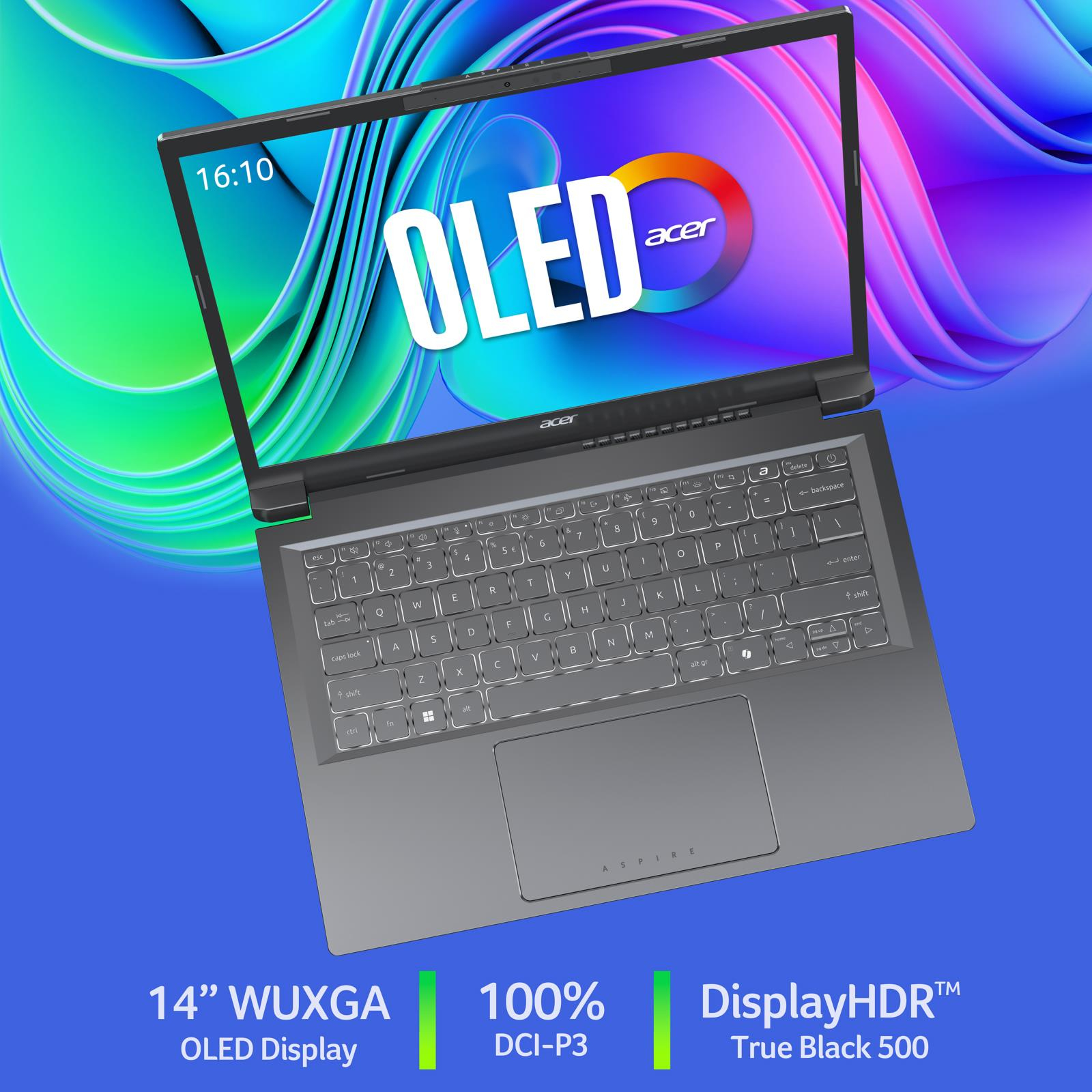Laptop otwarty, czarny z kolorowym wyświetlaczem. Tekst mówi OLED, 14” WUXGA, 100% DCI-P3, DisplayHDR True Black 500.