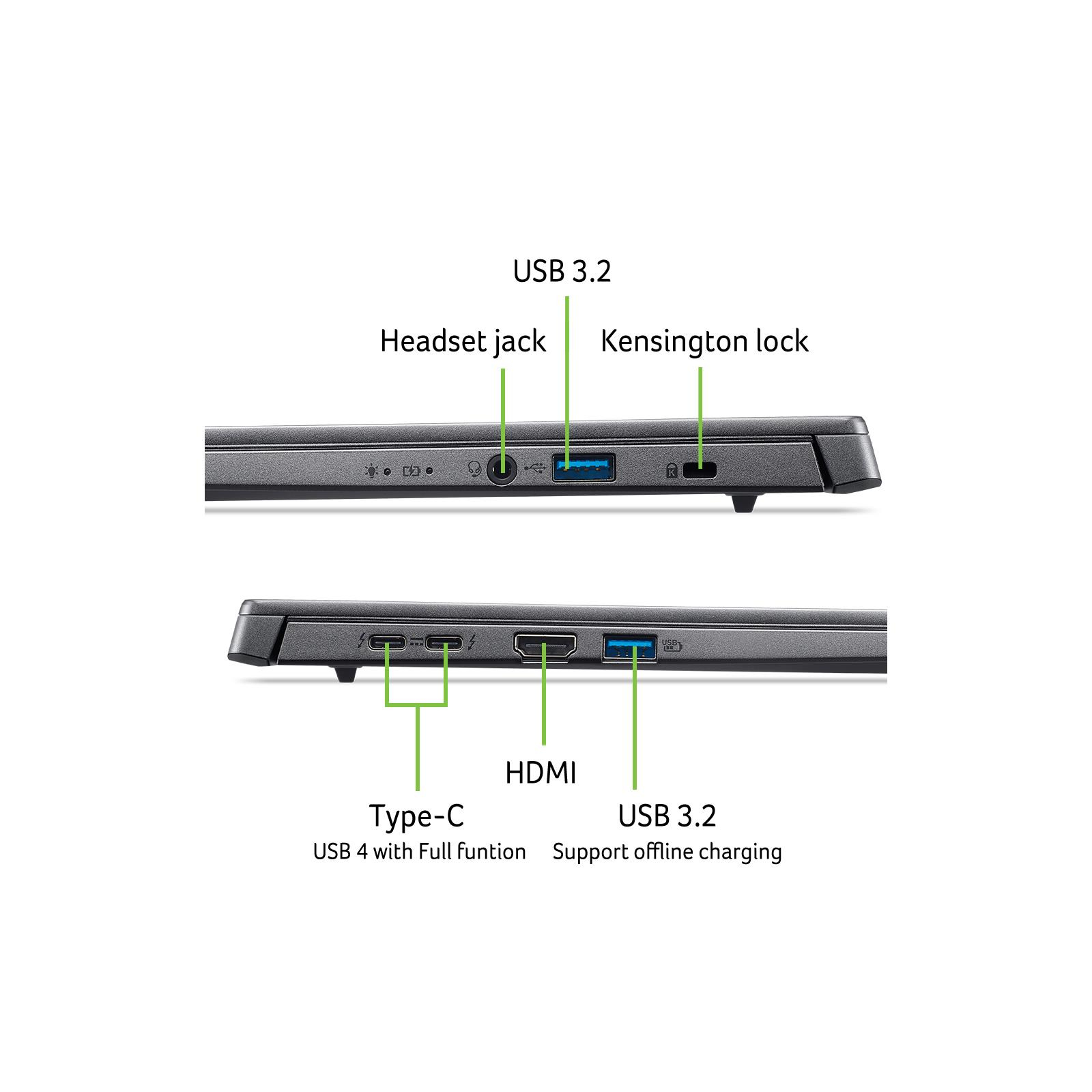 Zbliżenie portów laptopa, w tym USB 3.2, gniazda słuchawkowego, blokady Kensington, Type-C i HDMI.
