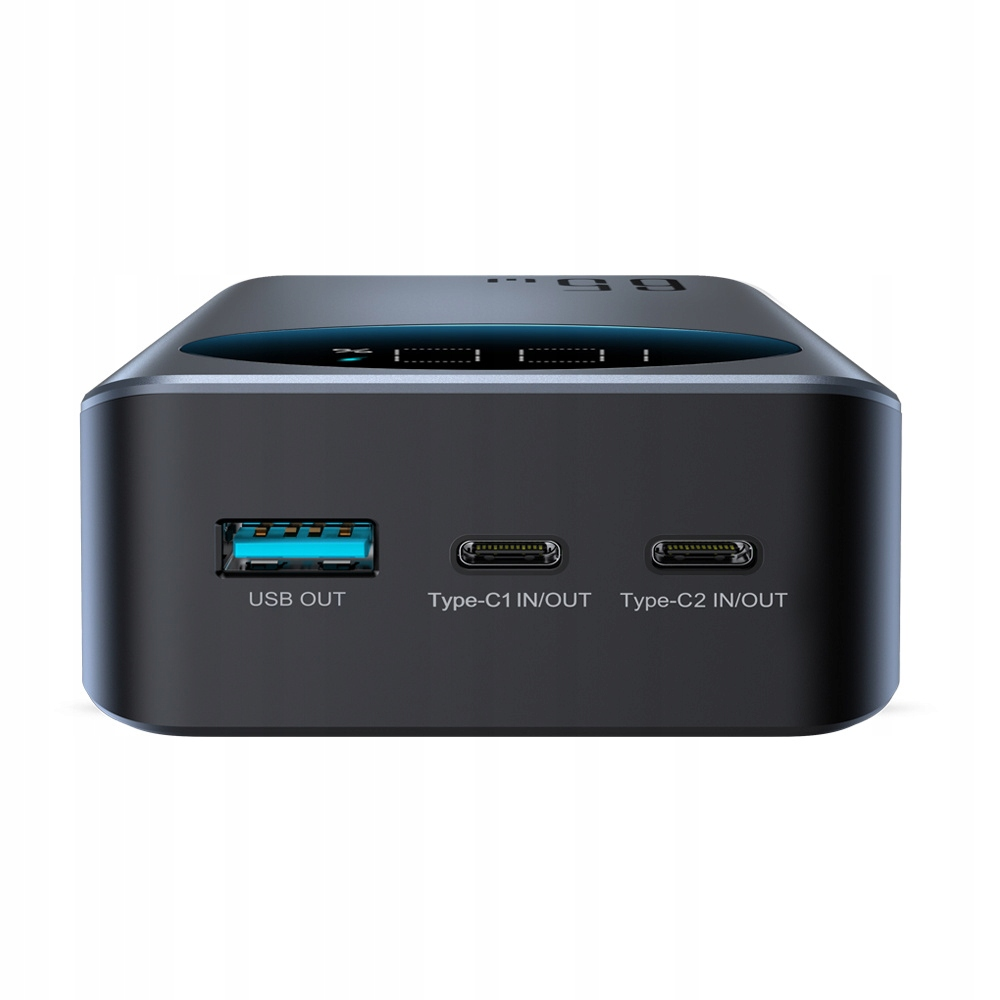 Wyświetlany jest czarny power bank z portami USB i Type-C.