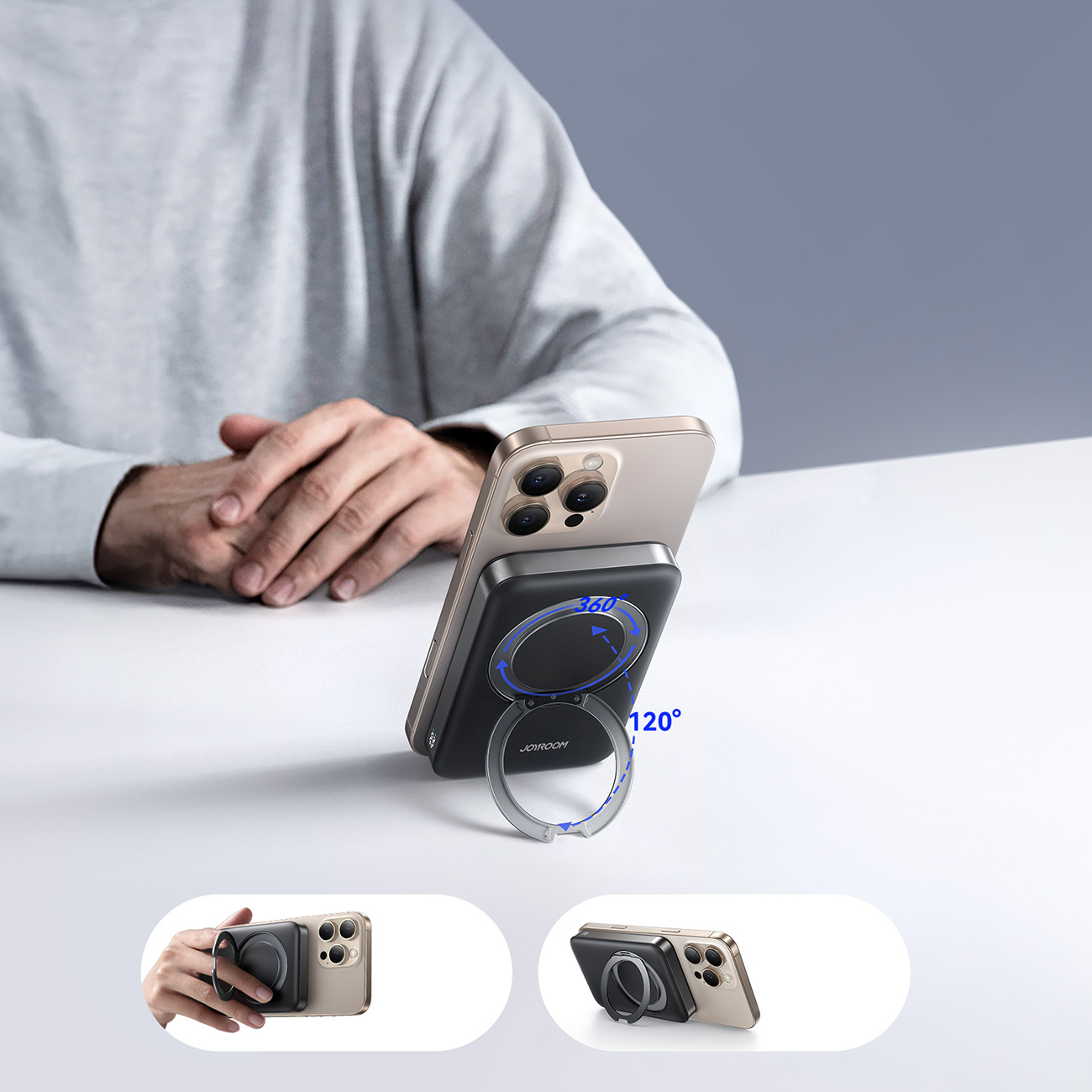 Telefon przymocowany do power banku z pierścieniem. Telefon jest oparty na stole. Pokazano dwa inne widoki.