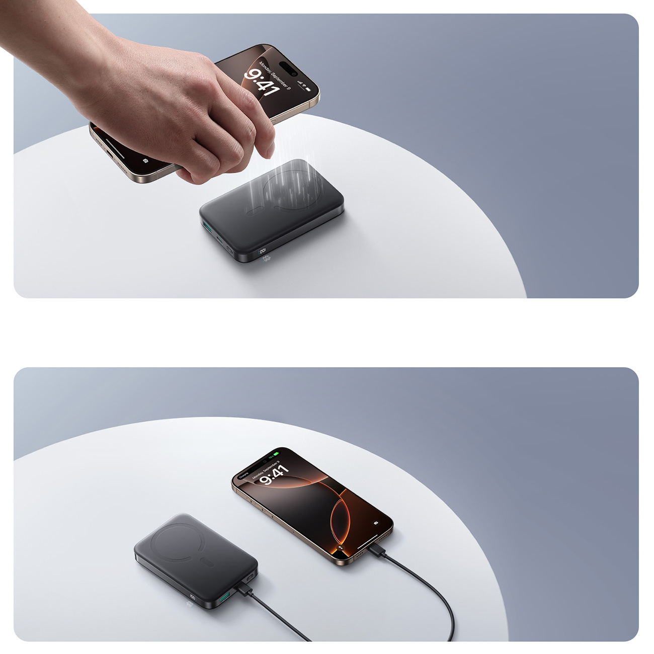 Ręka umieszcza telefon na power banku, a telefon się ładuje. Poniżej znajduje się inny obraz.