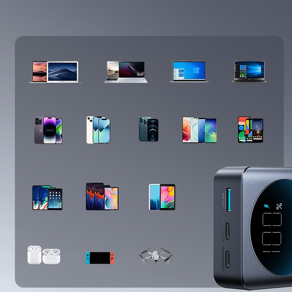 Power bank prezentuje różne urządzenia: laptopy, telefony, tablety, słuchawki i drona.