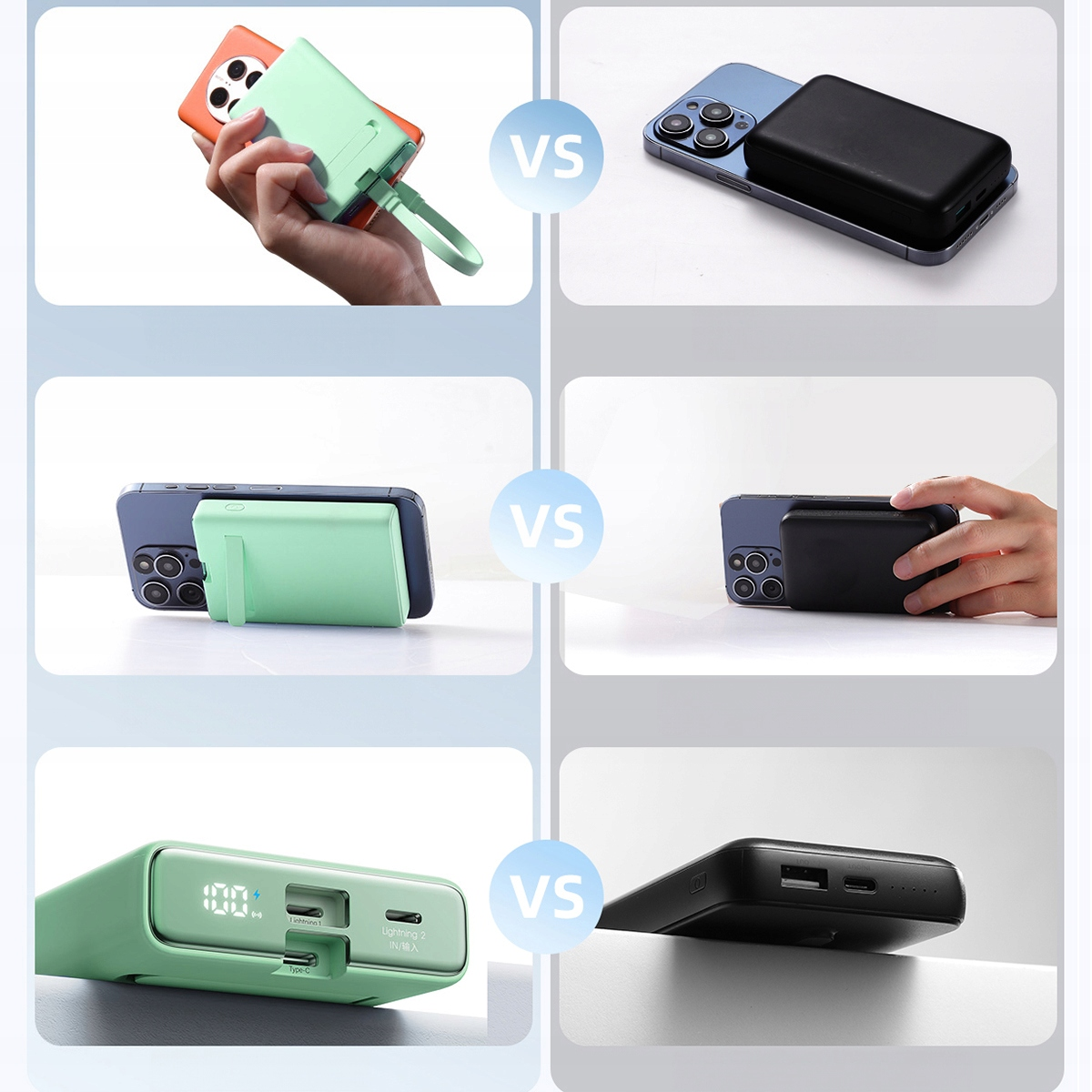 Das Bild zeigt grüne und schwarze Powerbanks neben Handys. Eine wird von einer Hand gehalten. VS in der Mitte.