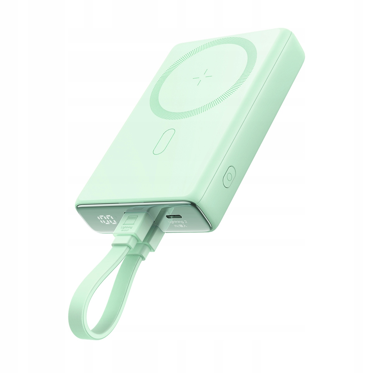 Eine mintgrüne Powerbank mit Ladekabel. Sie hat ein Display mit 100 % und Anschlüsse für Lightning und Typ C.