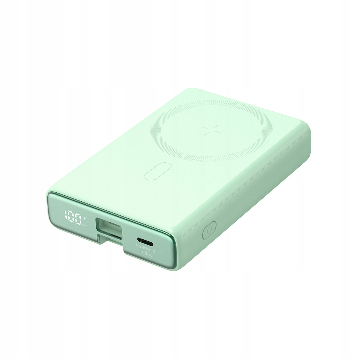 Eine mintgrüne Powerbank mit einem Display, das 100 % anzeigt. Sie hat Anschlüsse für Typ-C-Ein-/Ausgang und Lightning-Eingang.