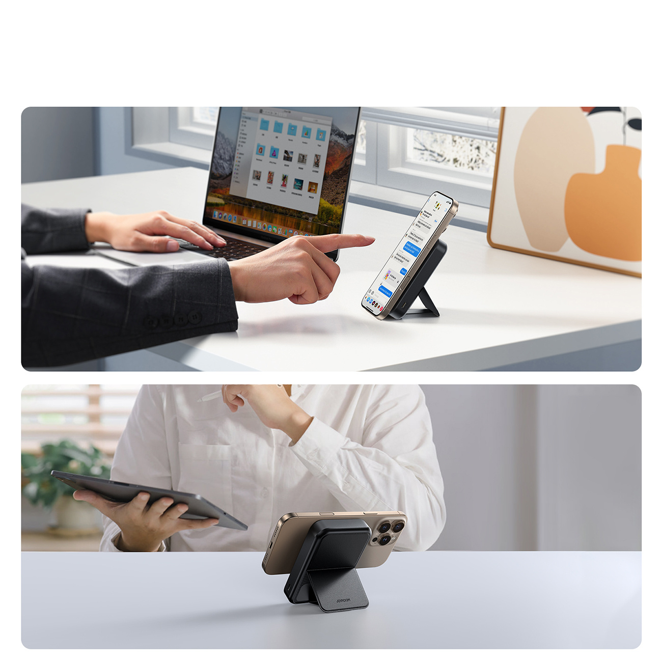 Dwa zdjęcia przedstawiające ładowanie bezprzewodowe. Jedna osoba używa laptopa, druga tabletu.