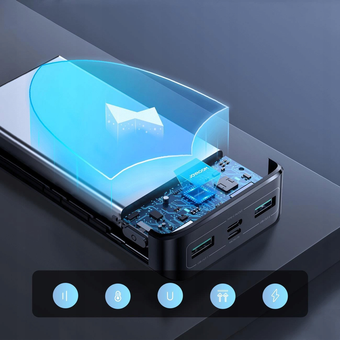 Przekrój power banku. Pokazuje wewnętrzne komponenty i porty.