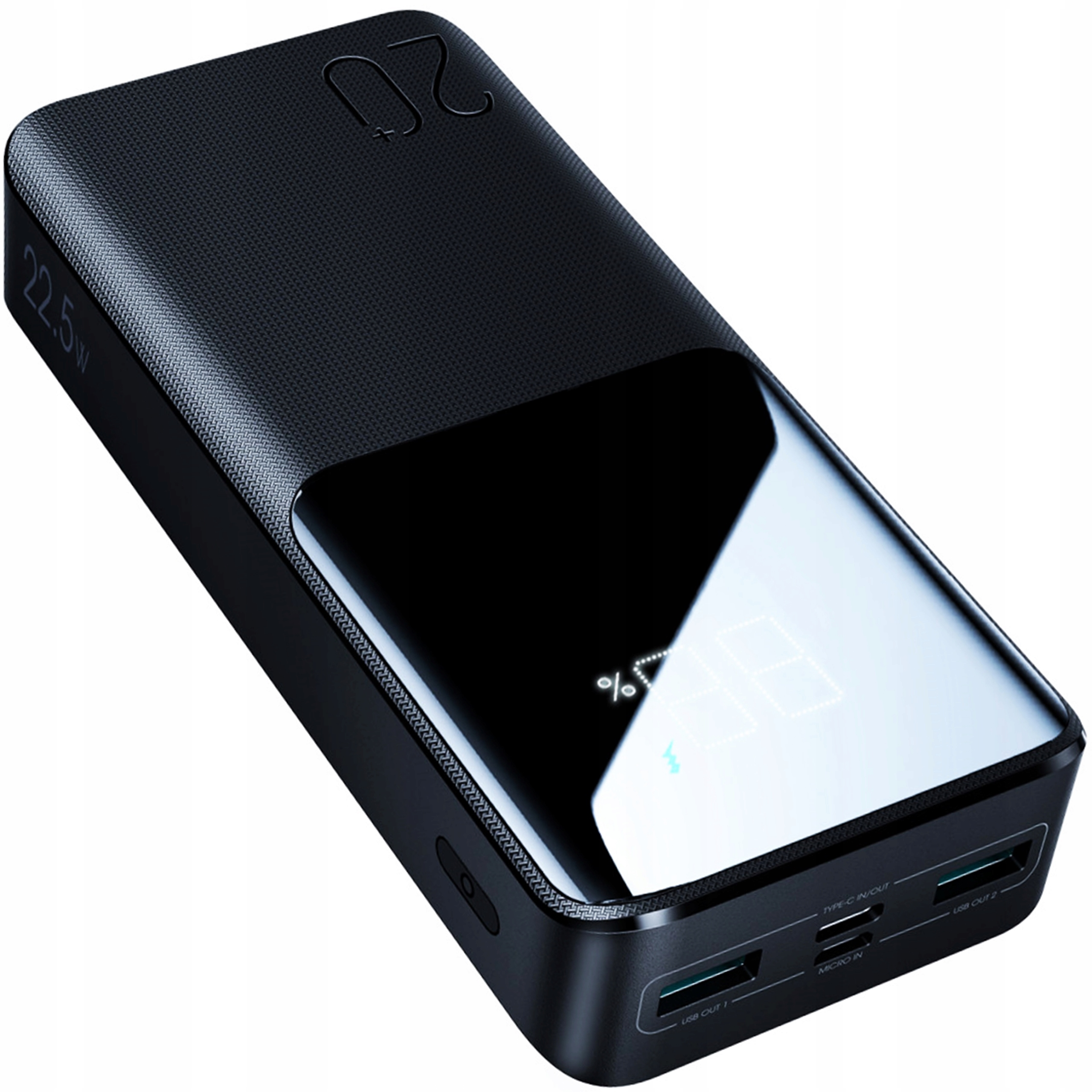 Czarny power bank. Wyświetlacz pokazuje 48%, a porty są widoczne.