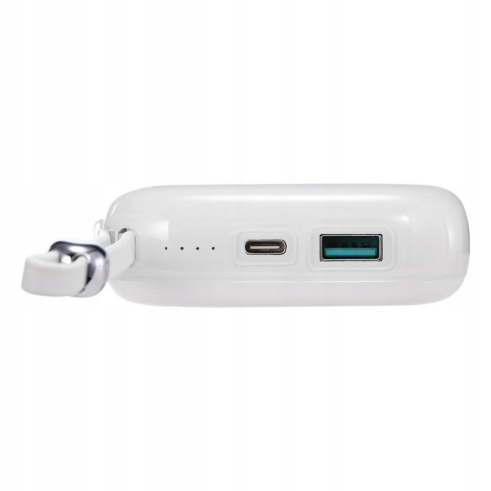 Weiße Powerbank mit Schlaufe und USB-Anschlüssen. Seitenansicht.