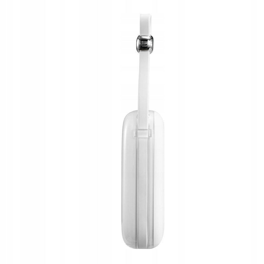Weiße Powerbank, Seitenansicht mit Schlaufe.