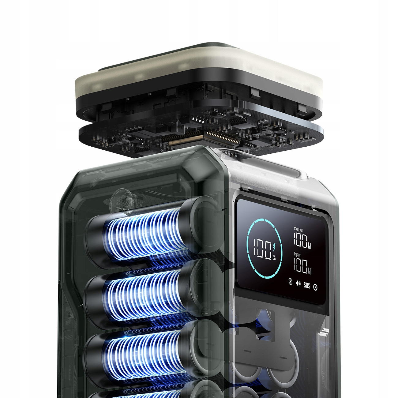 Przezroczysty widok stacji zasilania pokazujący niebieskie ogniwa baterii i elementy wewnętrzne.