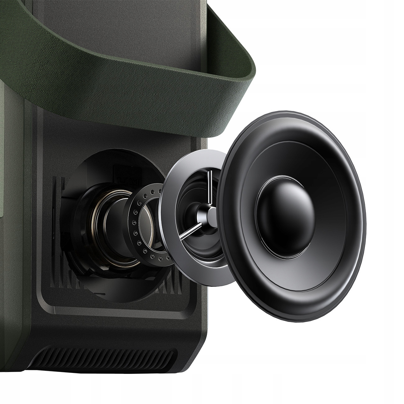 Elementy wewnętrzne systemu głośnikowego. Zielony uchwyt widoczny po lewej stronie.