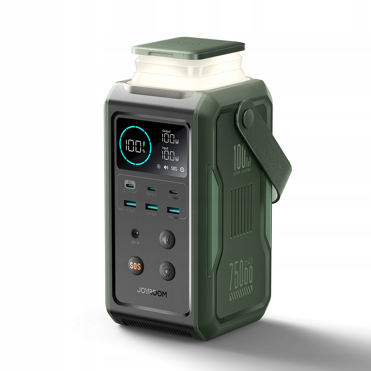 Zielona przenośna stacja zasilania ze światłem. Wyświetlacz cyfrowy pokazuje 100% i wiele portów.