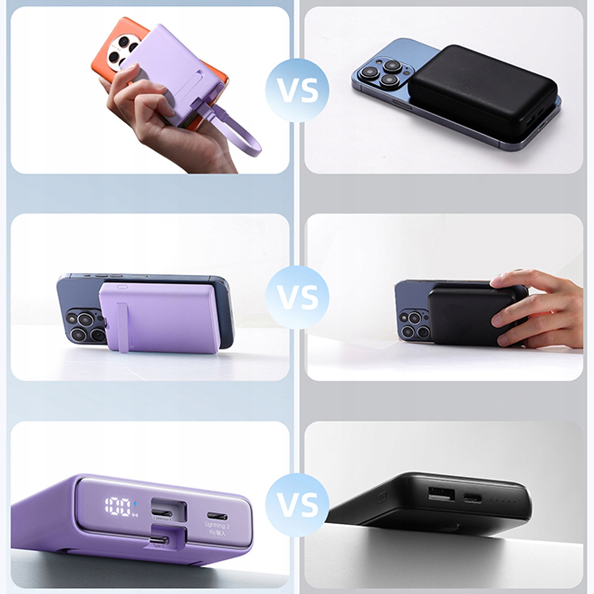 Porównanie power banków o różnych kolorach i wzorach, pokazanych z telefonami.