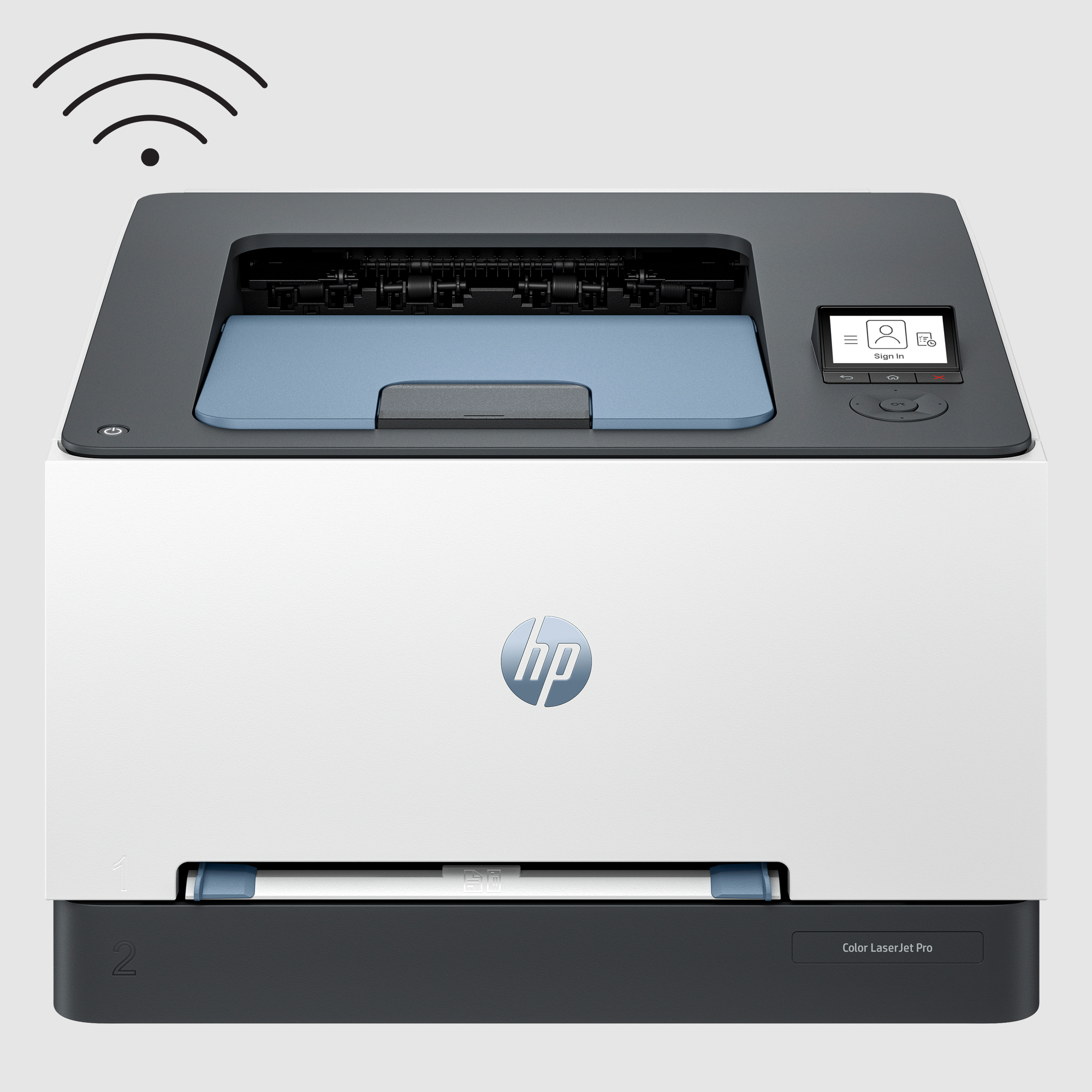 Una impresora blanca y gris con el logotipo de HP y tres iconos de señal wifi encima. Tiene una pequeña pantalla.