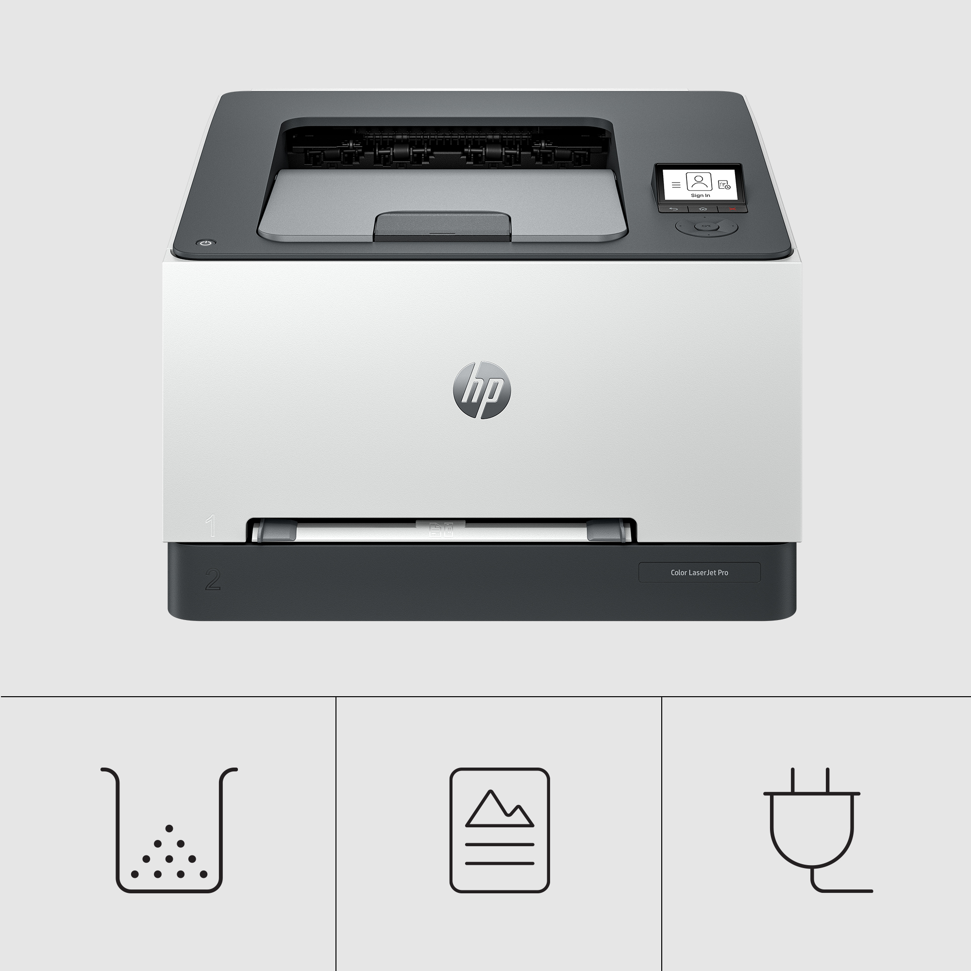 Una impresora blanca y negra con el logotipo de HP. Debajo hay iconos de una taza, un documento y un enchufe.