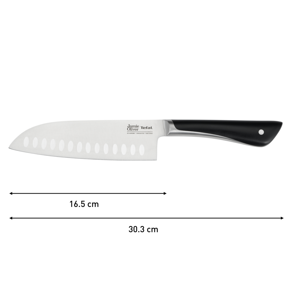 Coltello Jamie Oliver Tefal. La lama è lunga 16,5 cm, la lunghezza totale è di 30,3 cm. Manico nero e lama argentata.