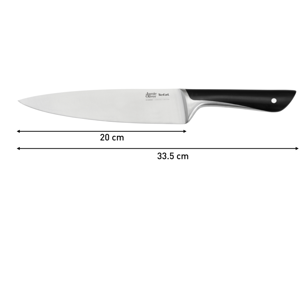 Jamie Oliver Tefal Messer. Die Klinge ist 20 cm lang, die Gesamtlänge beträgt 33,5 cm. Schwarzer Griff und silberne Klinge.