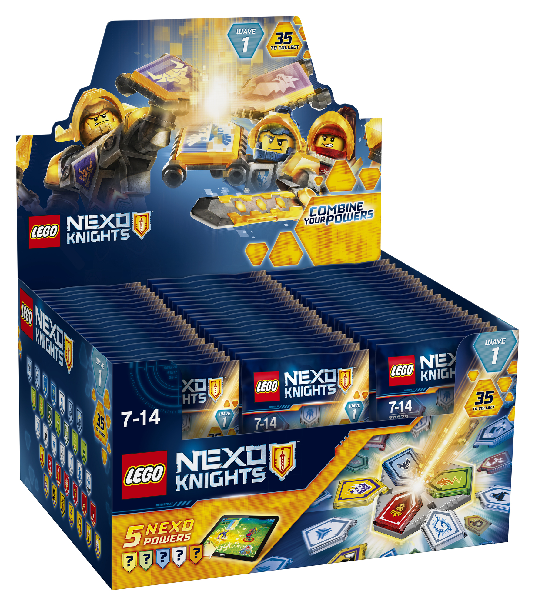 Pudełko ekspozycyjne mini-pakietów LEGO Nexo Knights, prezentujące różne postacie i tarcze mocy.