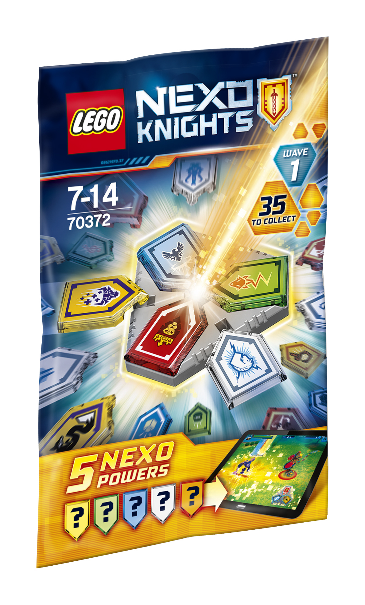 Saszetka LEGO Nexo Knights z grafiką postaci i wzorami tarcz.