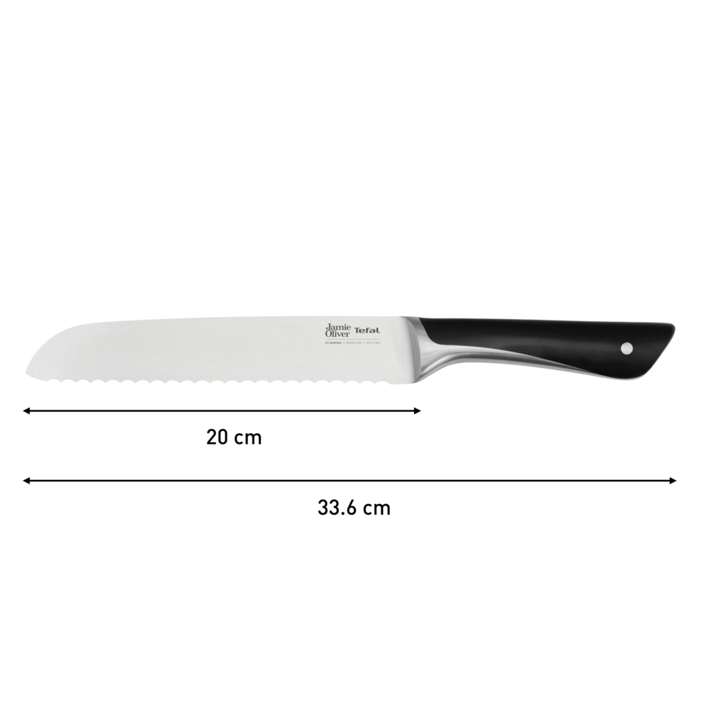 Ein Jamie Oliver by Tefal Brotmesser mit einer 20 cm Klinge und 33,6 cm Gesamtlänge.