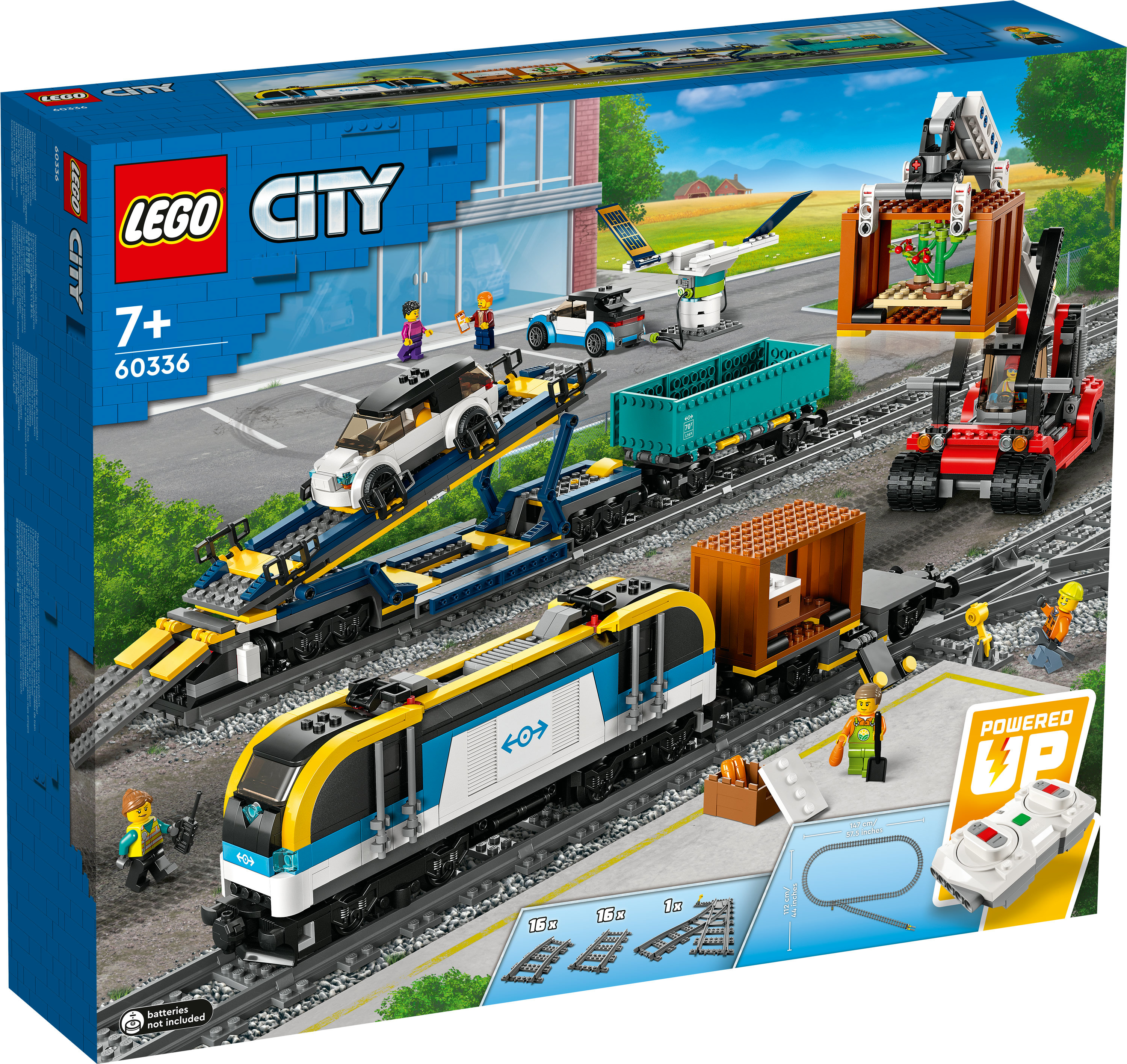Pudełko z zestawem pociągu LEGO City z niebiesko-żółtym pociągiem, wagonami i ładunkiem.