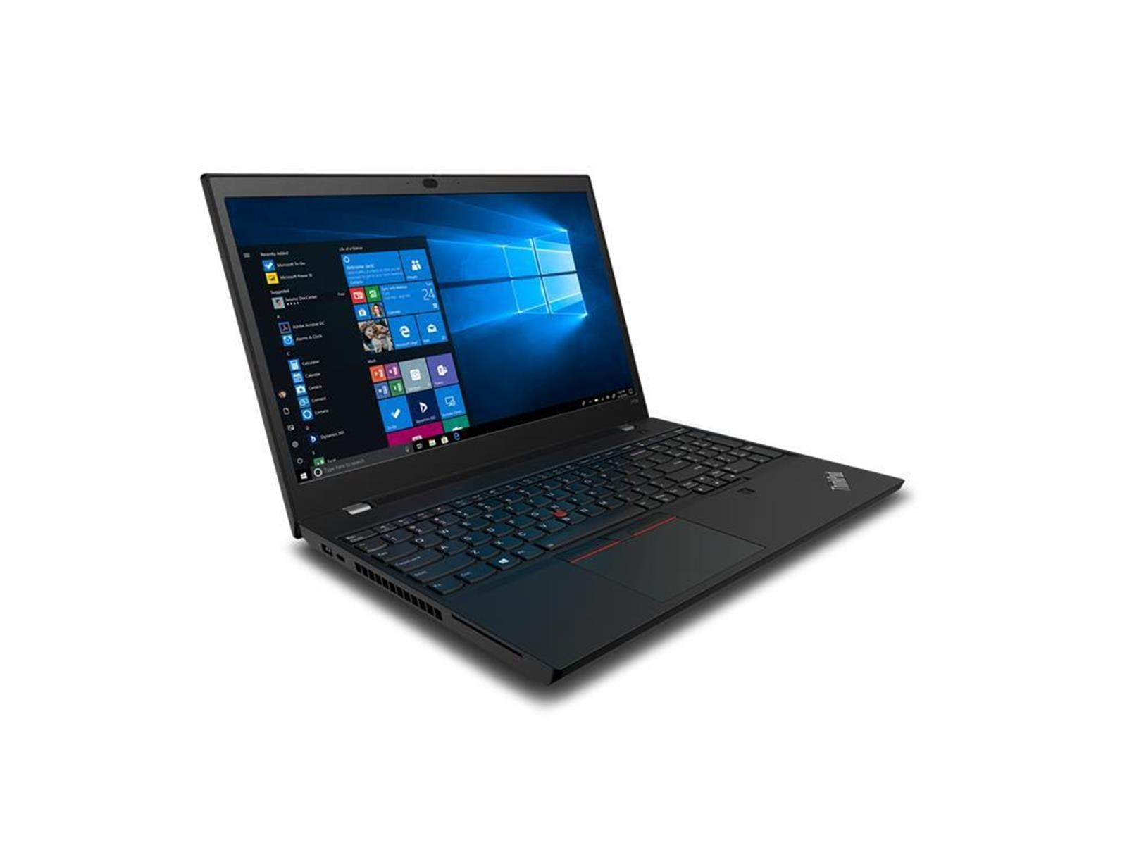 Ein schwarzer ThinkPad-Laptop, der nach links geneigt ist und den Windows 10-Desktop auf seinem Bildschirm anzeigt.