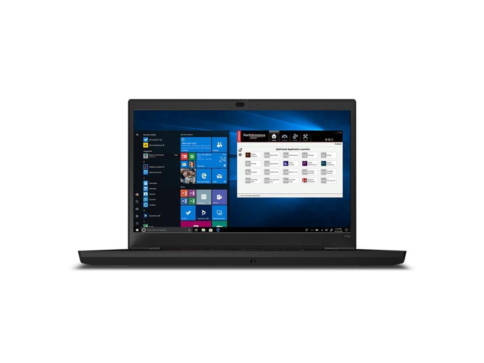 Ein schwarzer ThinkPad-Laptop, Vorderansicht, der die Windows 10-Desktopoberfläche anzeigt.