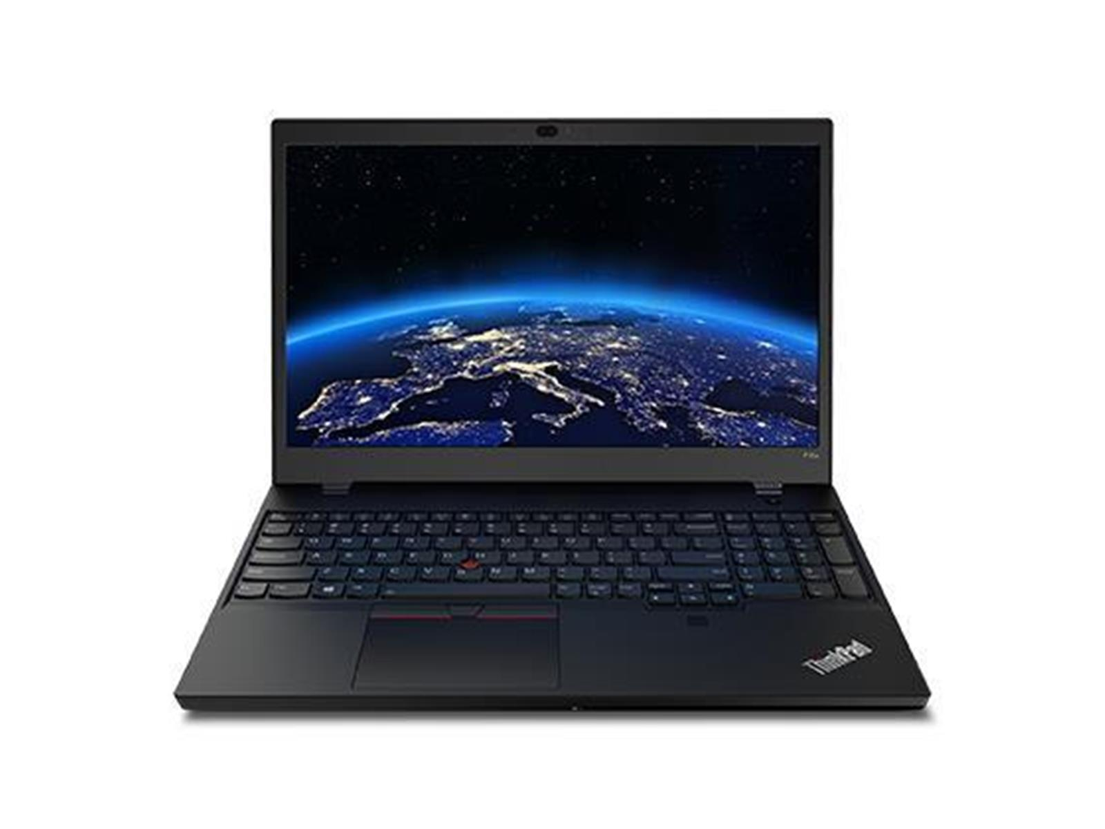 Ein schwarzer ThinkPad-Laptop, Vorderansicht, der ein Weltkarten-Hintergrundbild auf seinem Bildschirm anzeigt.