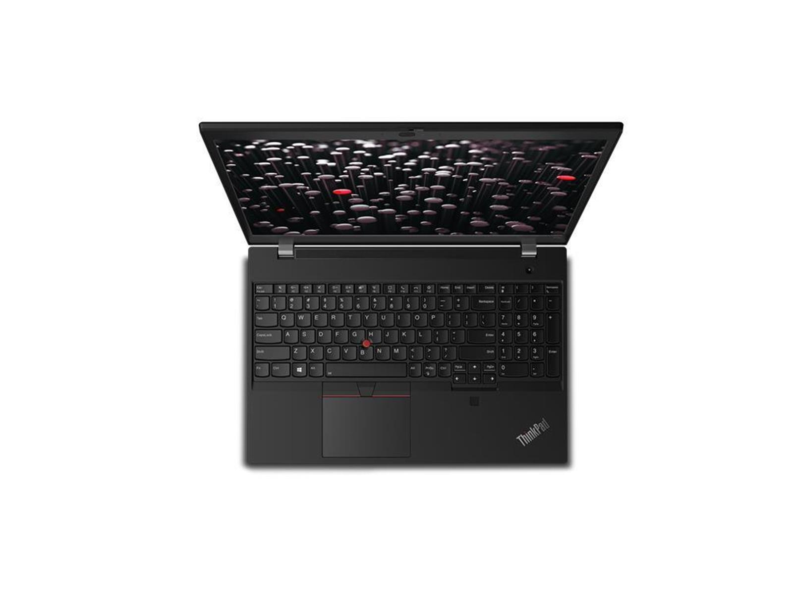 Draufsicht auf einen schwarzen ThinkPad-Laptop, der ein detailliertes abstraktes Hintergrundbild anzeigt.