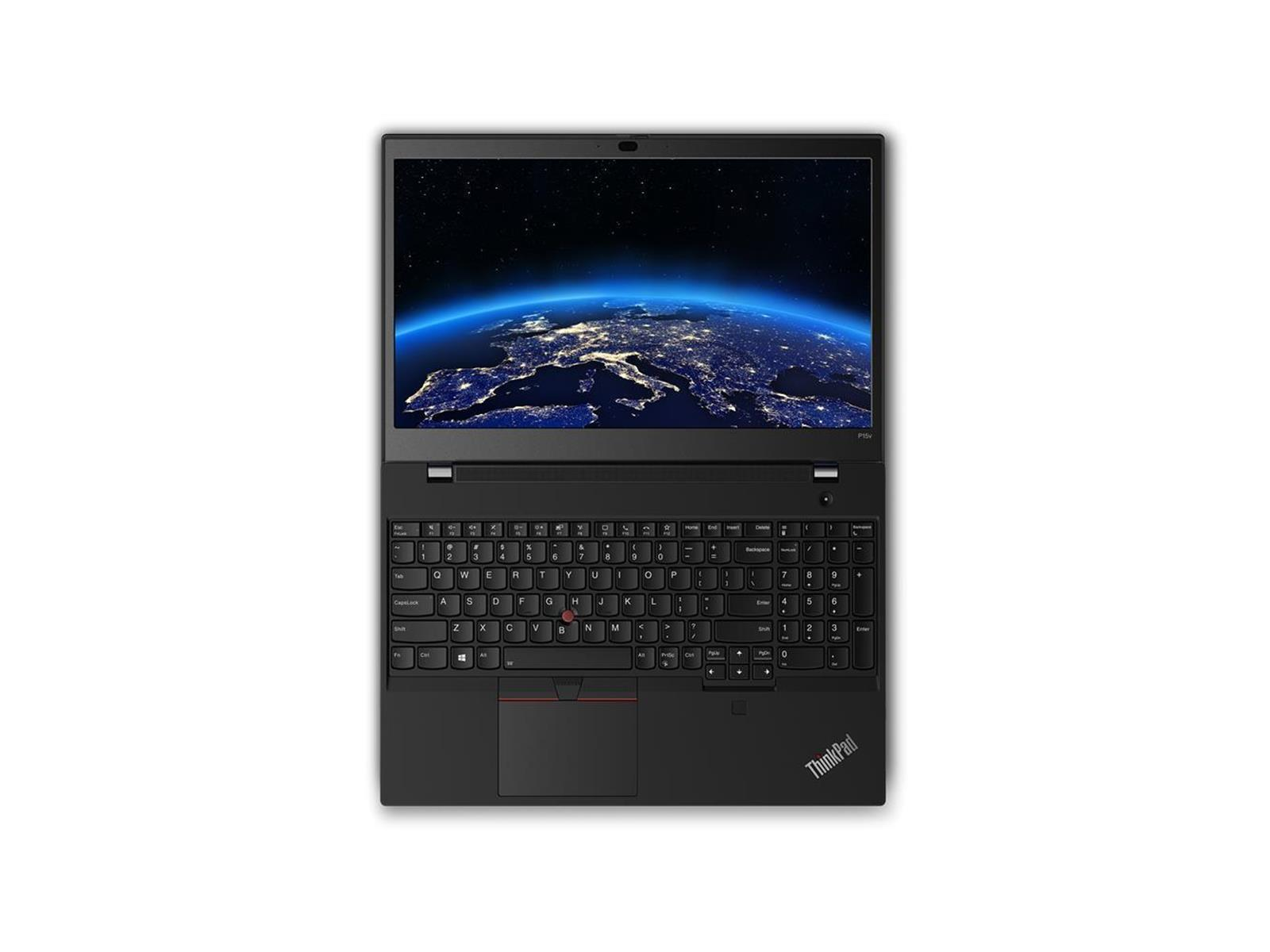 Draufsicht auf einen schwarzen ThinkPad-Laptop mit einem Weltkarten-Hintergrundbild auf dem Bildschirm.