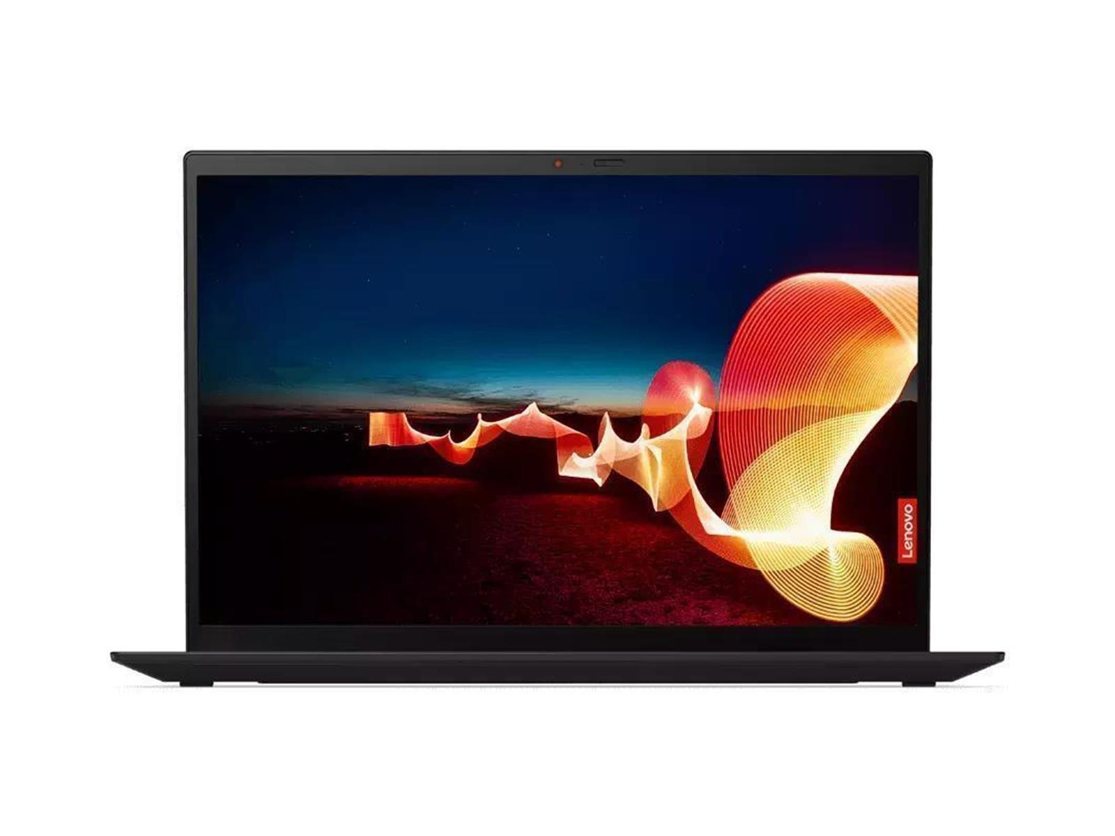 Schwarzer Laptop mit einem lebendigen Display, das ein stilisiertes Lichtdesign vor einem dunklen Hintergrund zeigt.