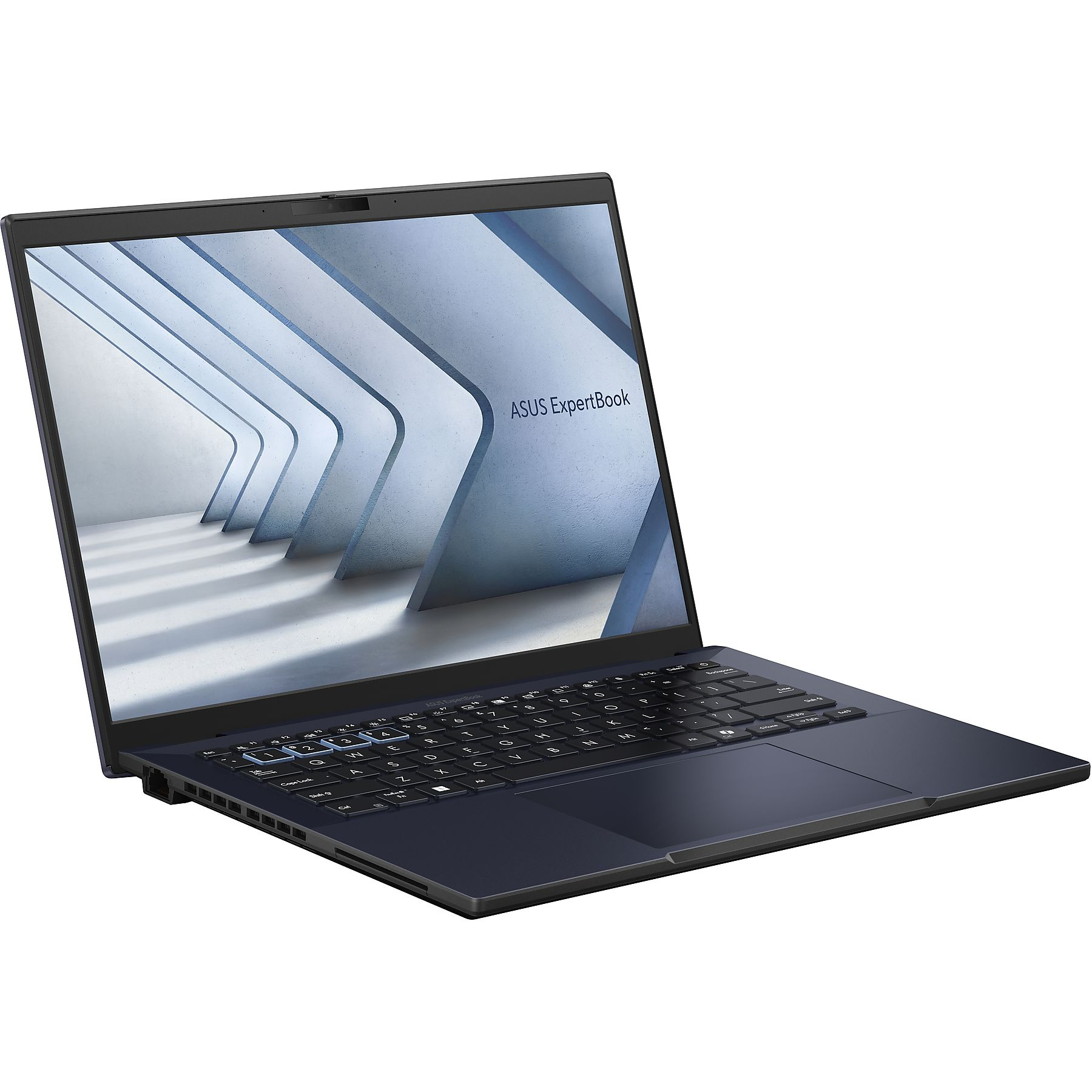Un ASUS ExpertBook blu scuro è angolato su uno sfondo bianco, con lo schermo visibile.
