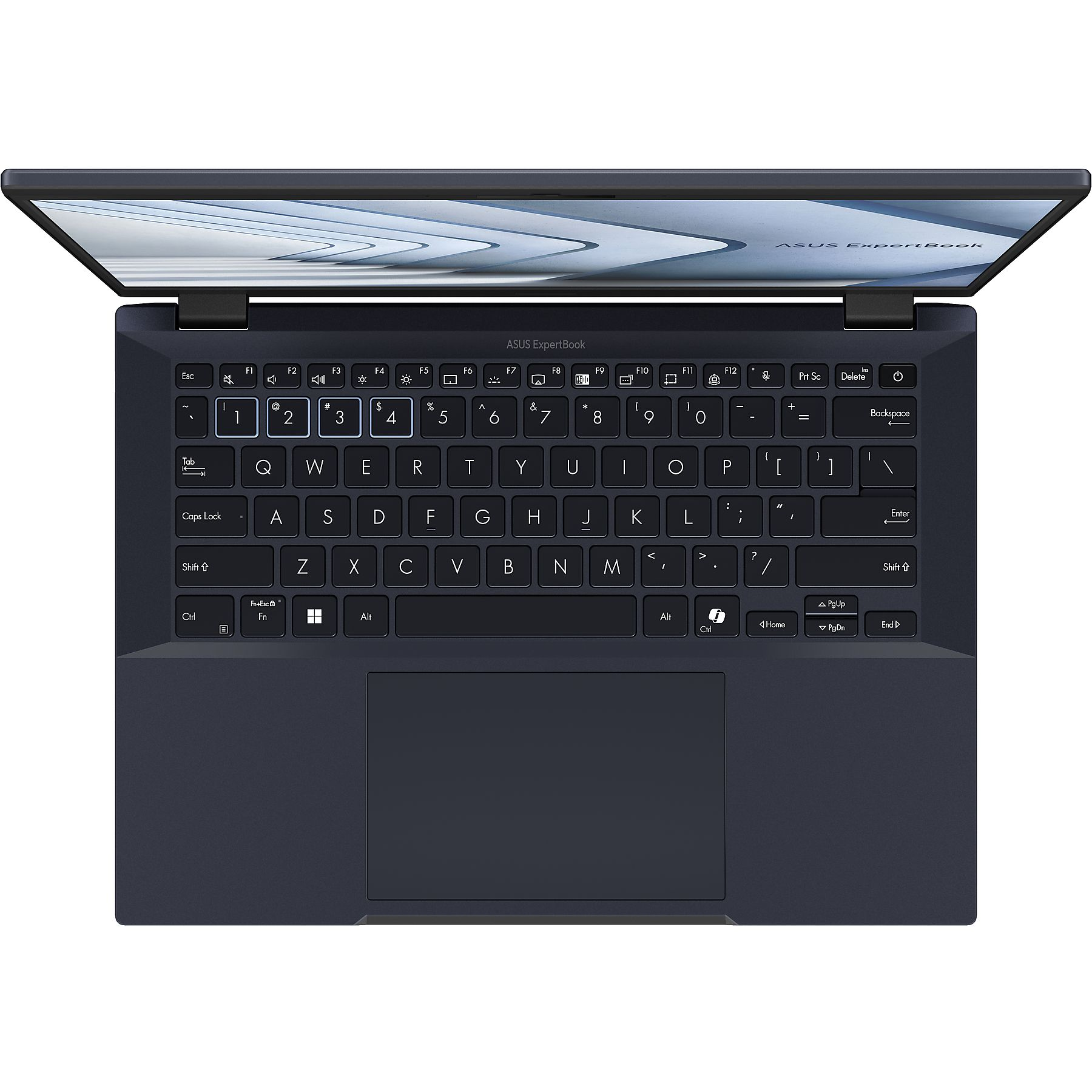 Una vista dall'alto mostra la tastiera e lo schermo di un ASUS ExpertBook blu scuro su bianco.