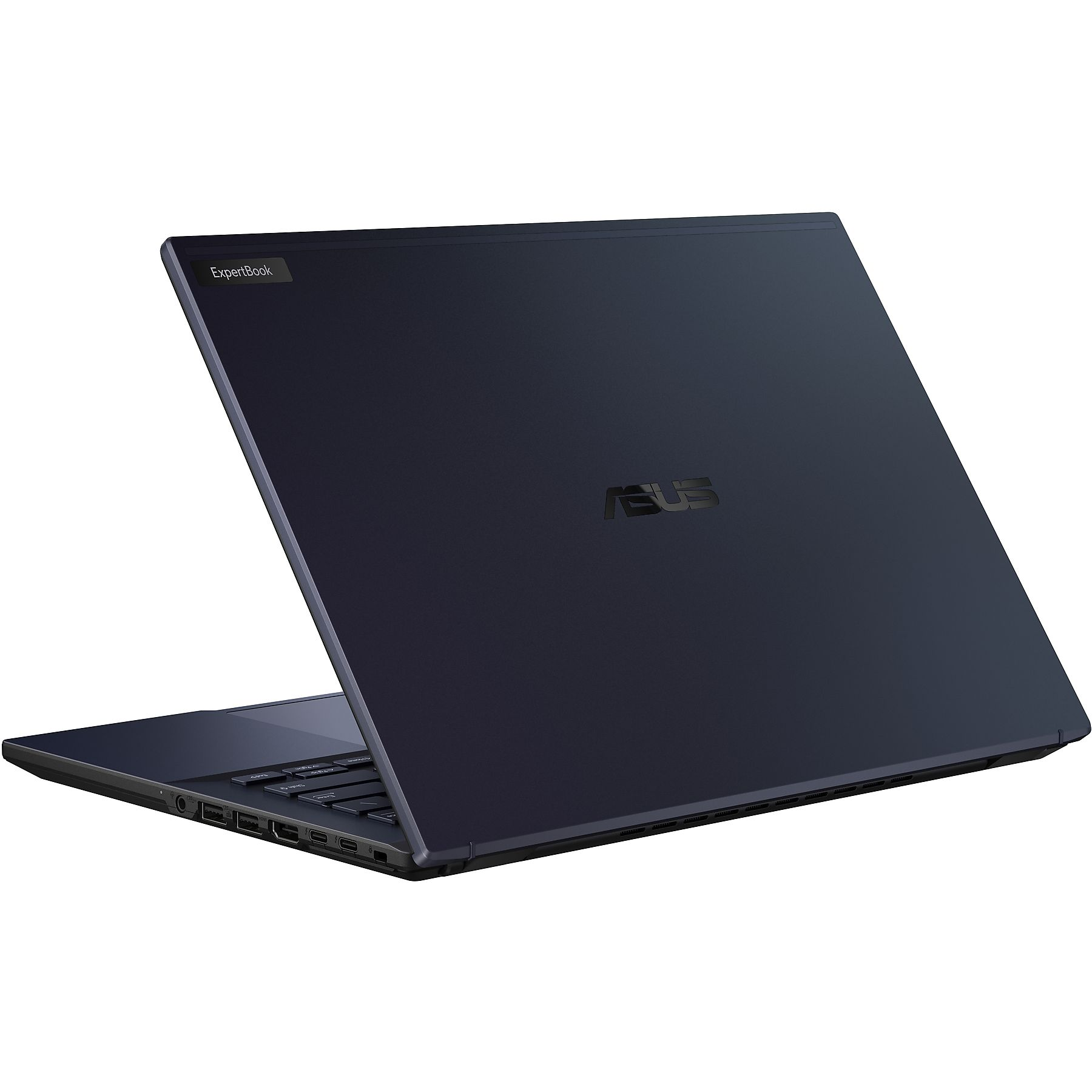 Un ASUS ExpertBook blu scuro è angolato su uno sfondo bianco, con la parte posteriore dello schermo visibile.