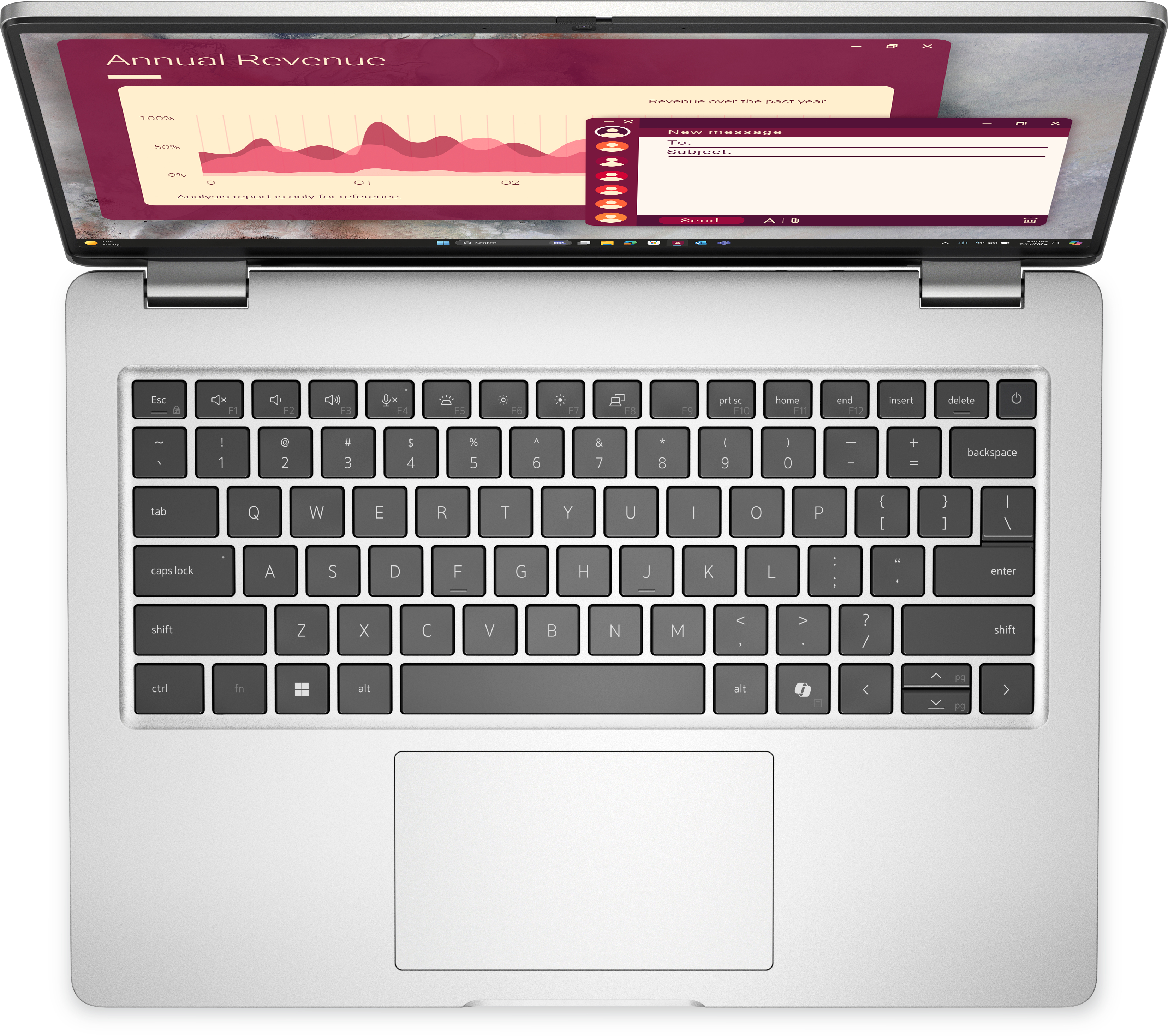 Laptop argento, aperto, vista dall'alto, tastiera, grafico e email. Sfondo bianco. Entrate annuali.