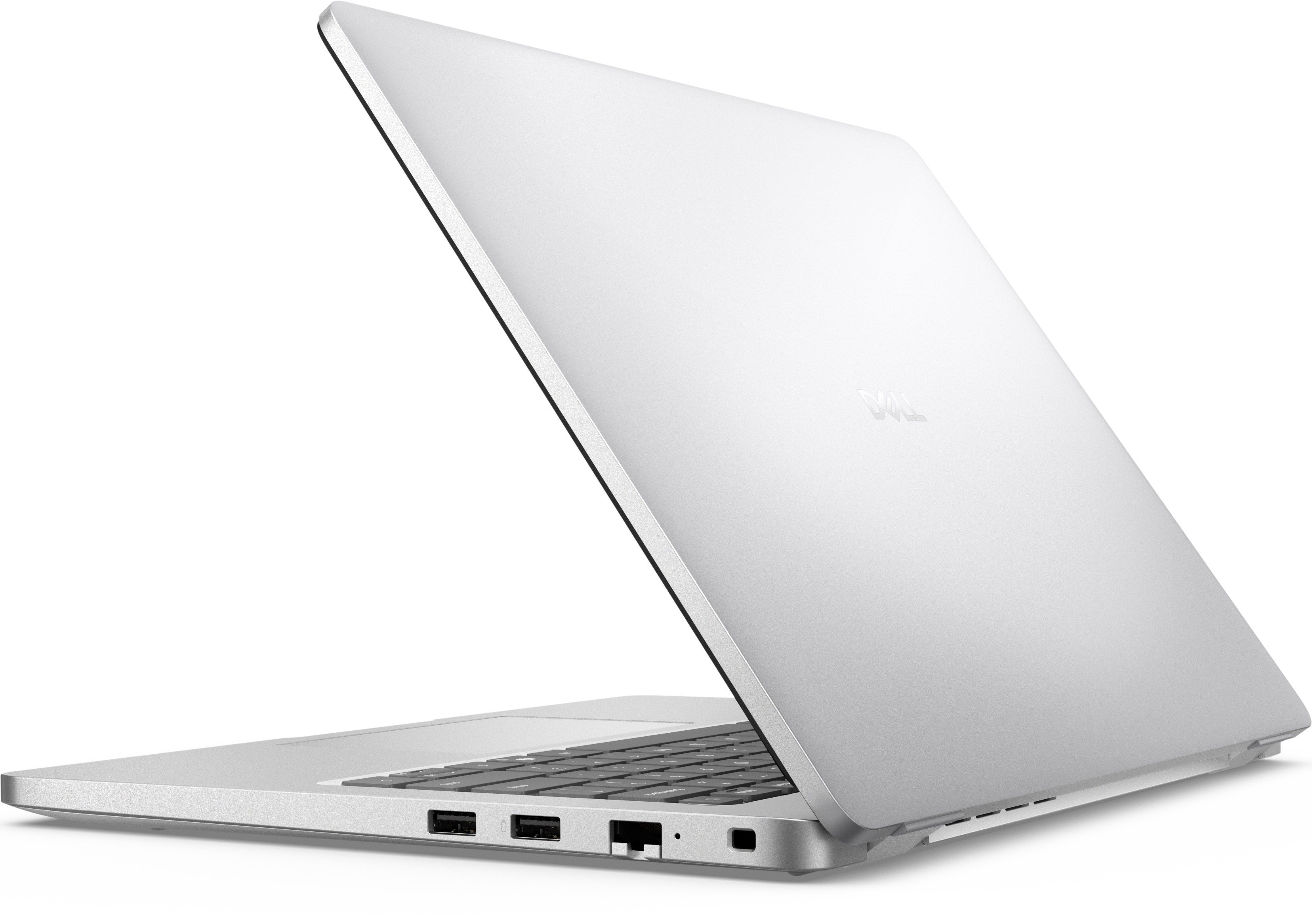 Laptop argento, chiuso, vista posteriore, con logo Dell. Sfondo bianco.