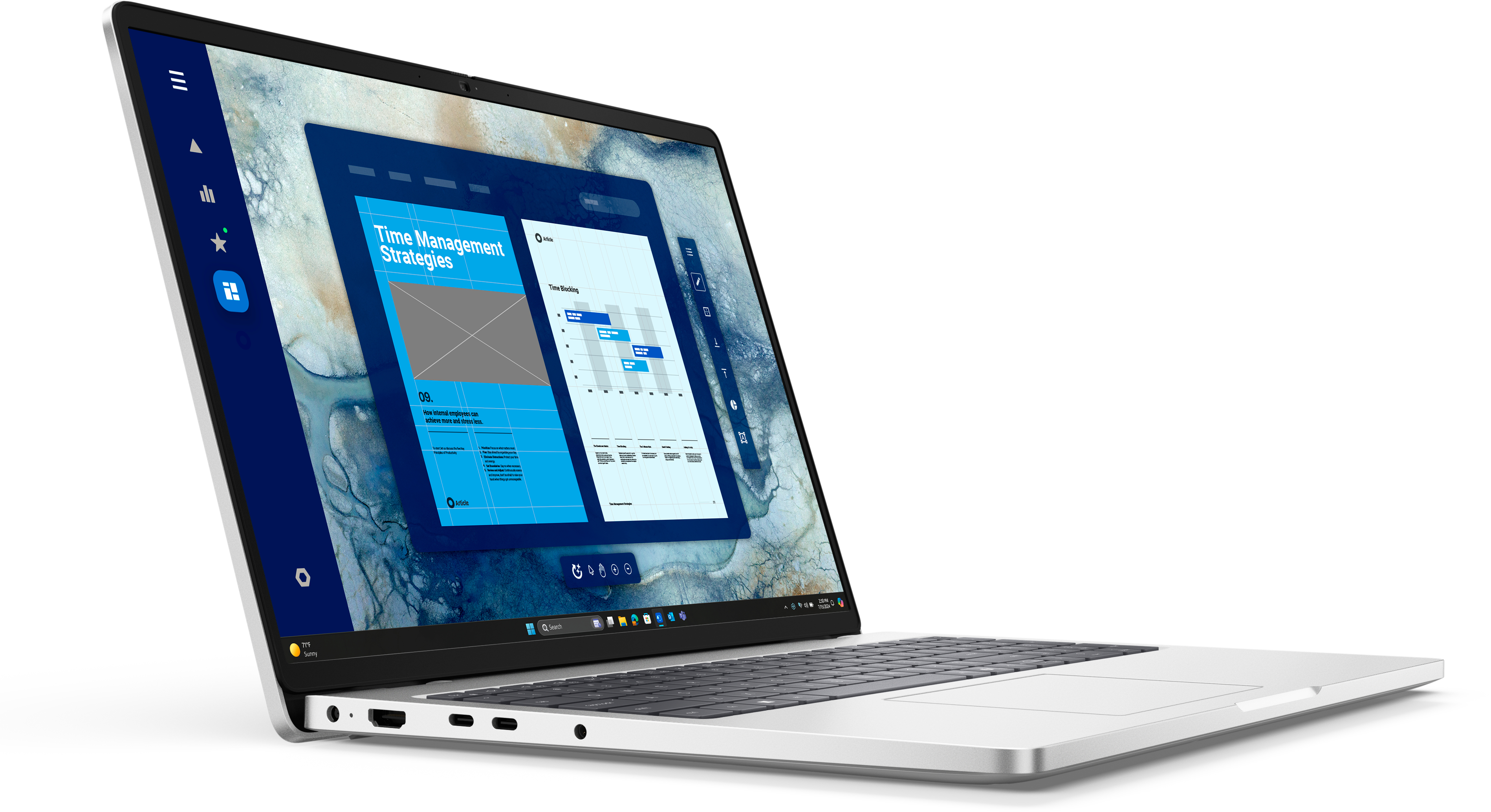 Srebrny laptop pod kątem, z strategiami zarządzania czasem. Białe tło.