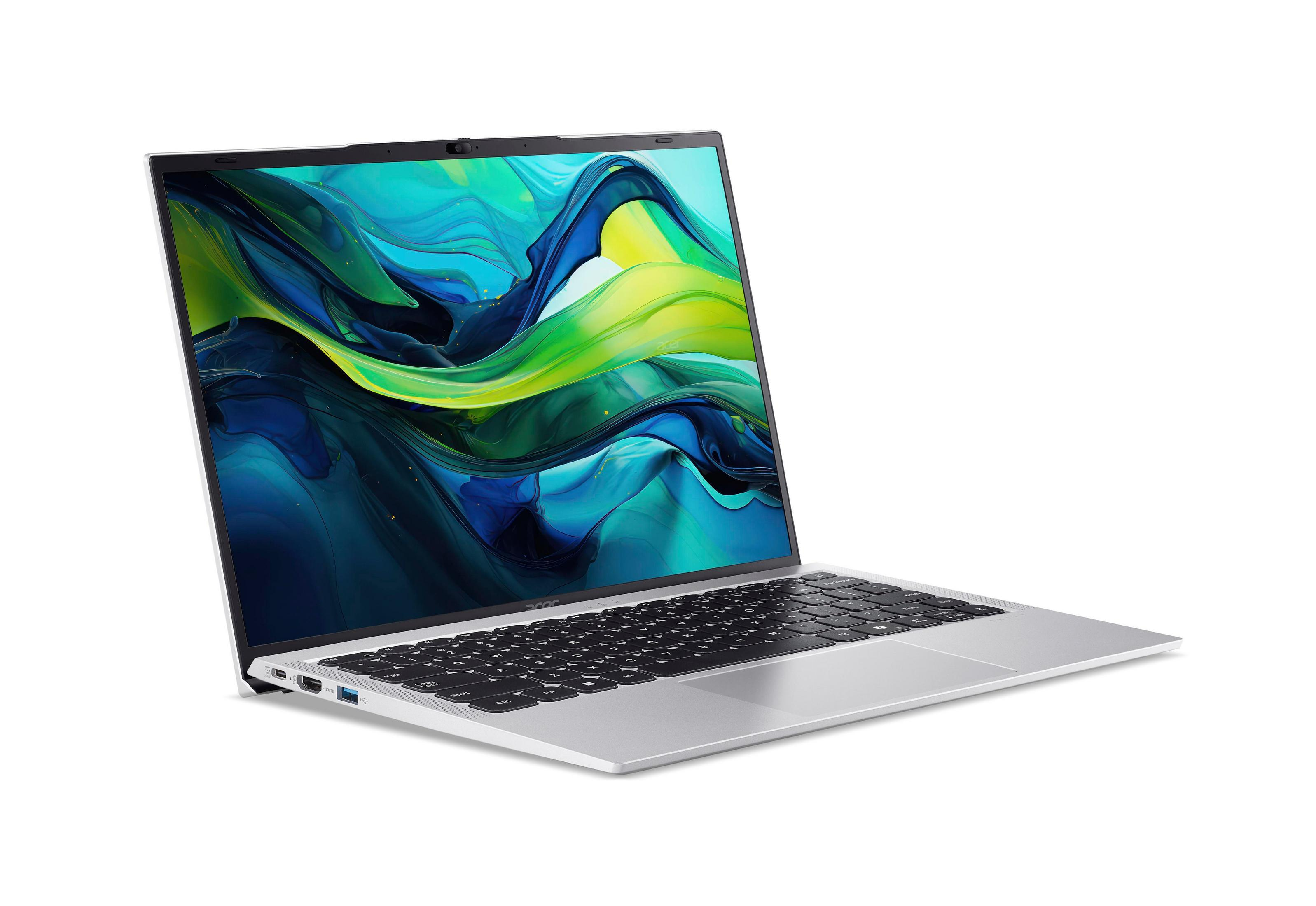 Silberner Laptop mit Bildschirm, der das Acer-Logo zeigt. Die Tastatur ist schwarz. Der Hintergrund ist weiß.