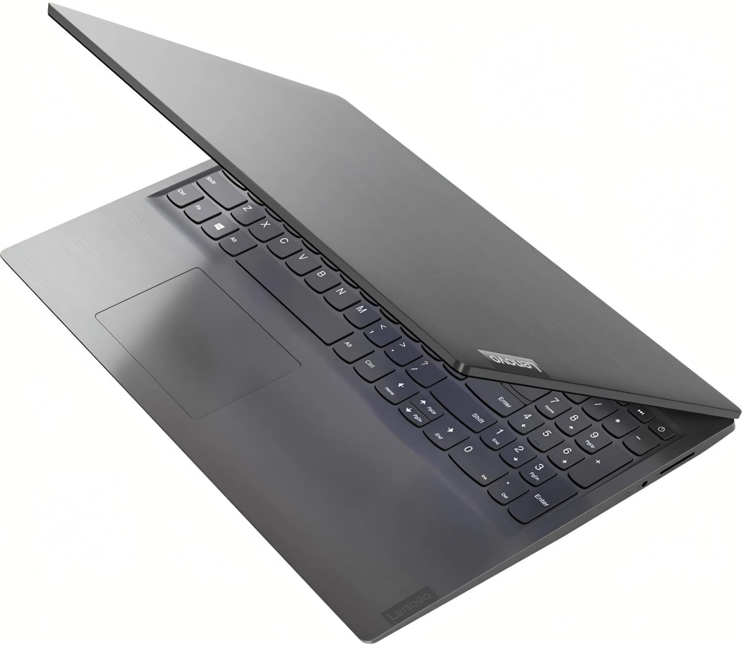 Un portátil Lenovo gris está ligeramente abierto, mostrando el teclado y parte de la pantalla.
